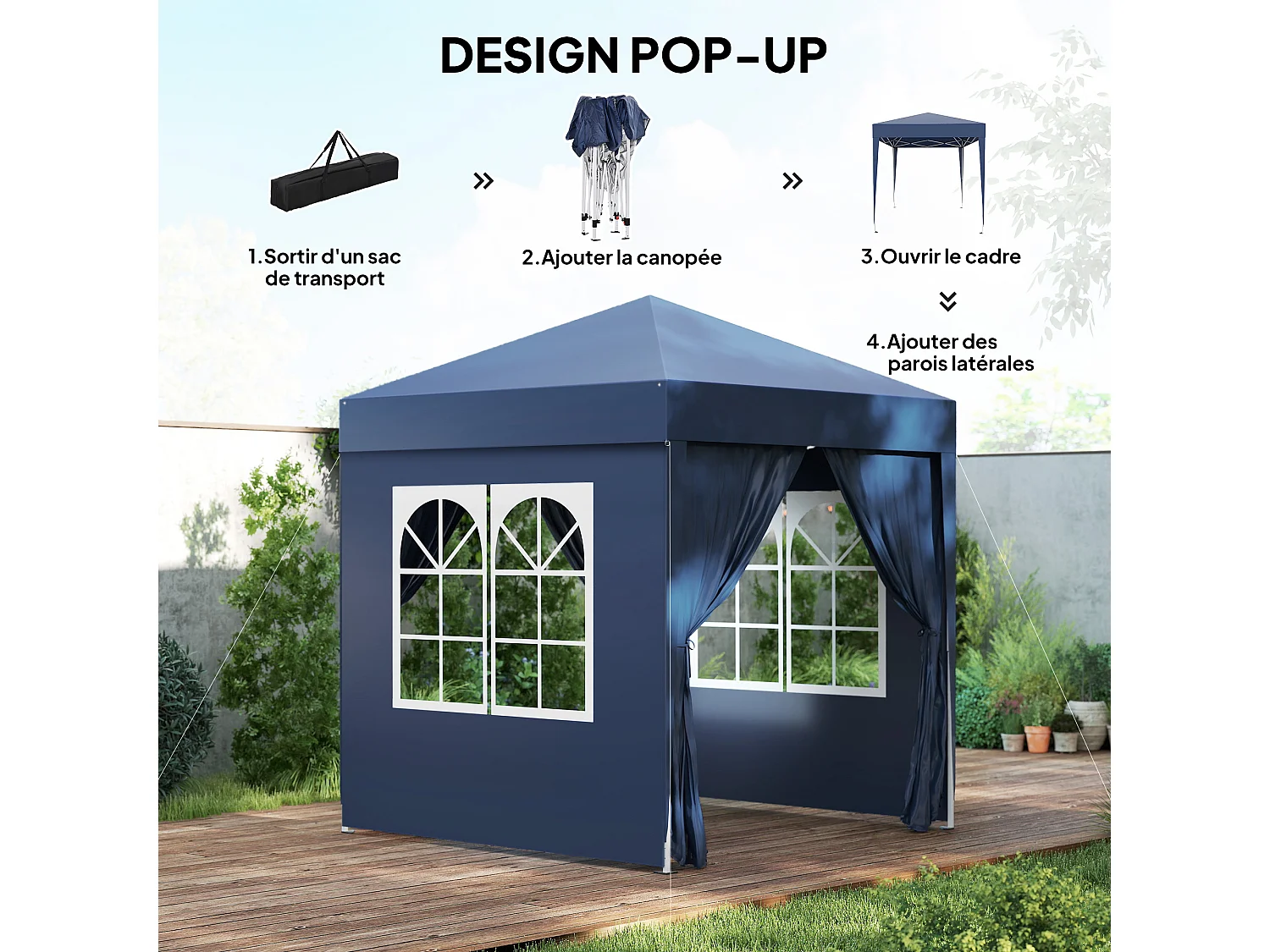 Tonnelle de jardin tente pliante barnum pop-up 2 x 2 m 4 parois latérales amovibles 2 fenêtres sac de transport bleu