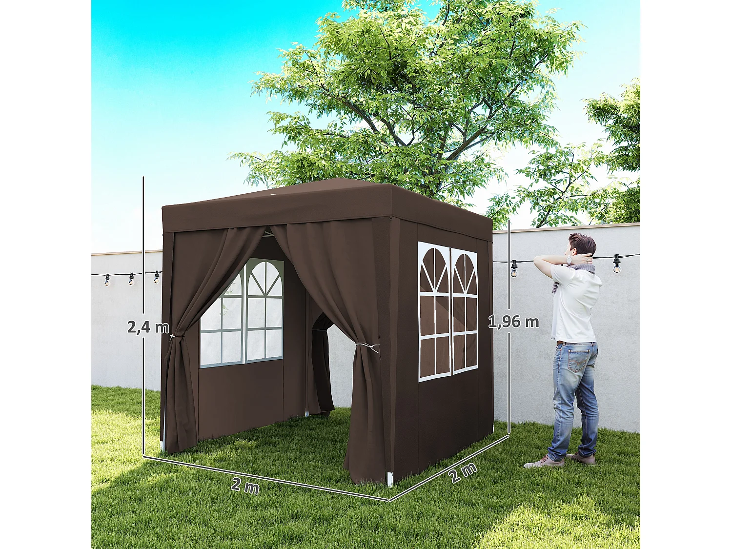 Tonnelle de jardin tente pliante barnum pop-up 2 x 2 m 4 parois latérales amovibles 2 fenêtres sac de transport chocolat