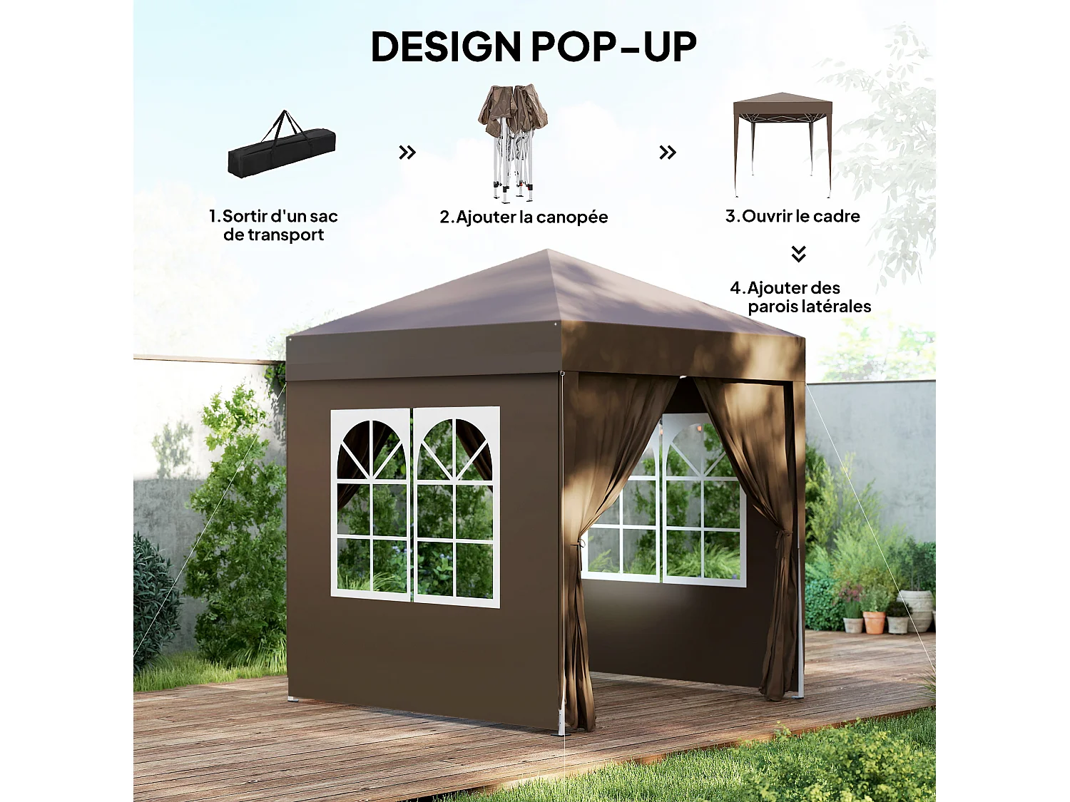 Tonnelle de jardin tente pliante barnum pop-up 2 x 2 m 4 parois latérales amovibles 2 fenêtres sac de transport chocolat