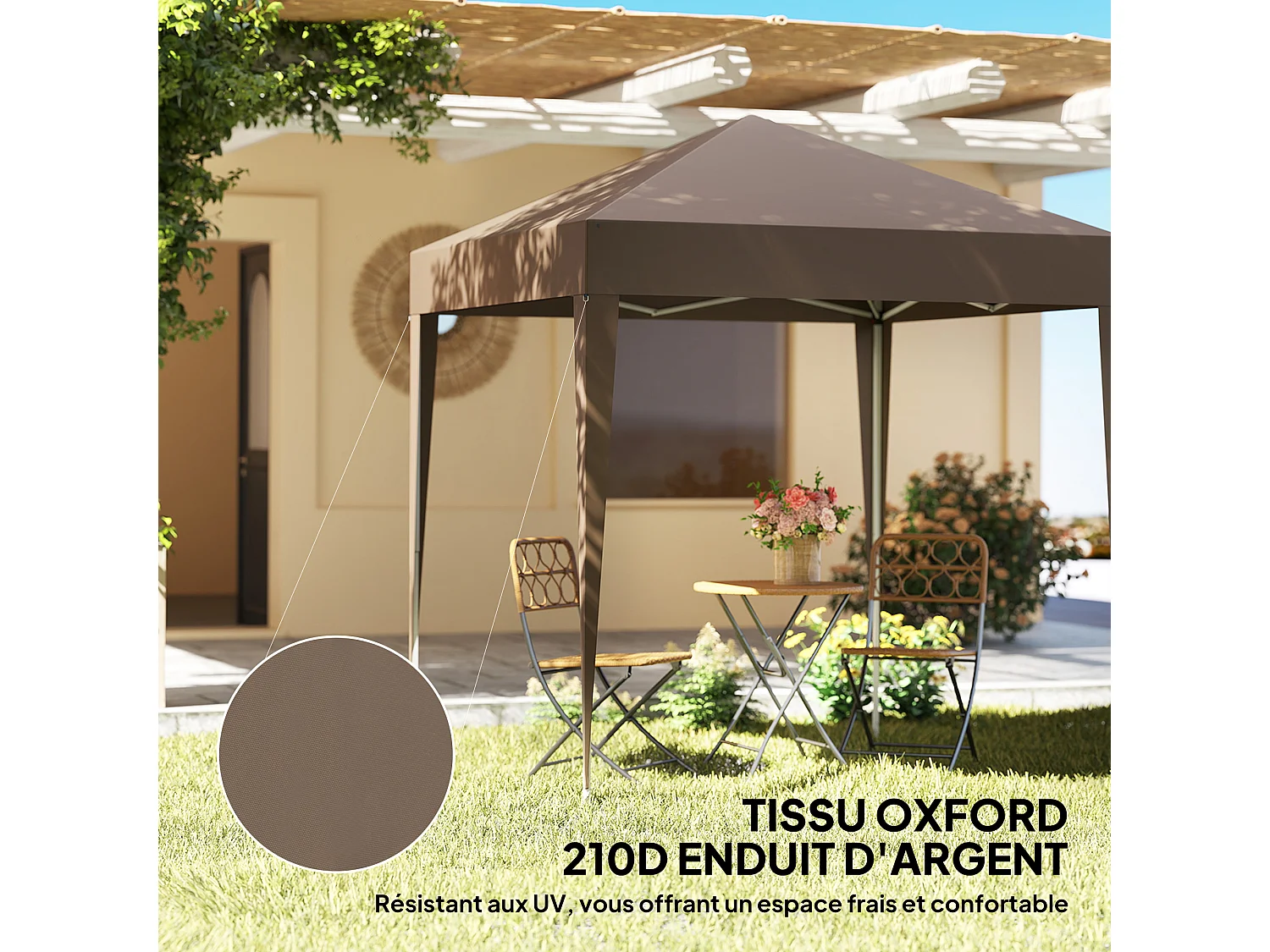 Tonnelle de jardin tente pliante barnum pop-up 2 x 2 m 4 parois latérales amovibles 2 fenêtres sac de transport chocolat