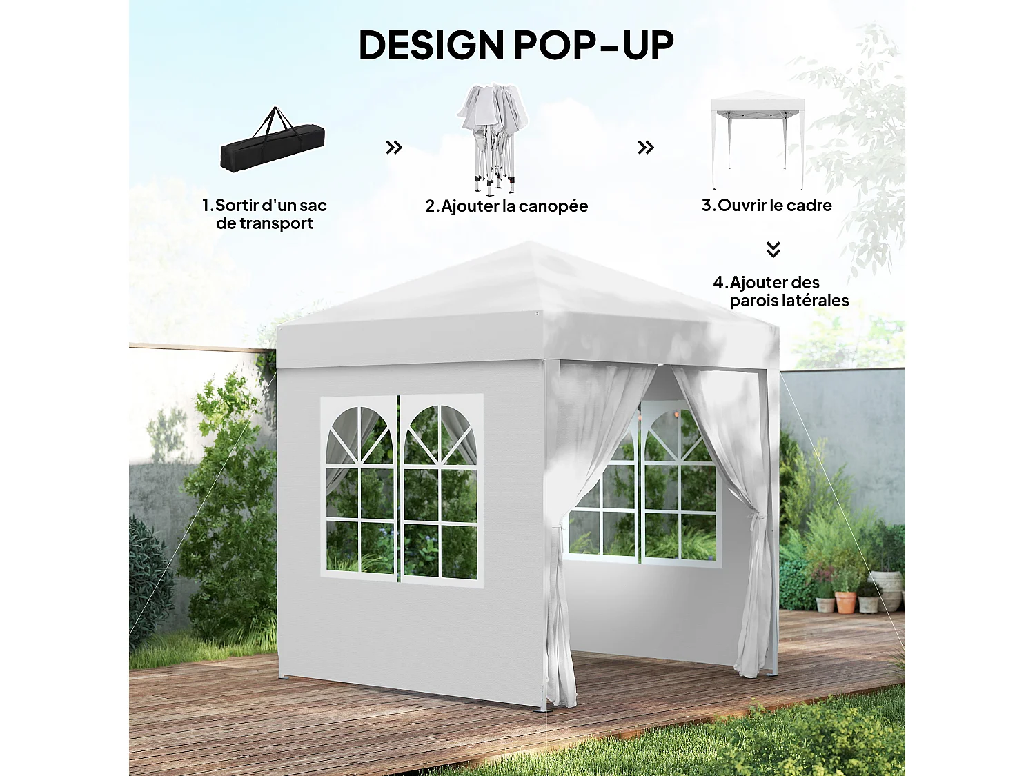 Tonnelle de jardin tente pliante barnum pop-up 2 x 2 m 4 parois latérales amovibles 2 fenêtres sac de transport blanc