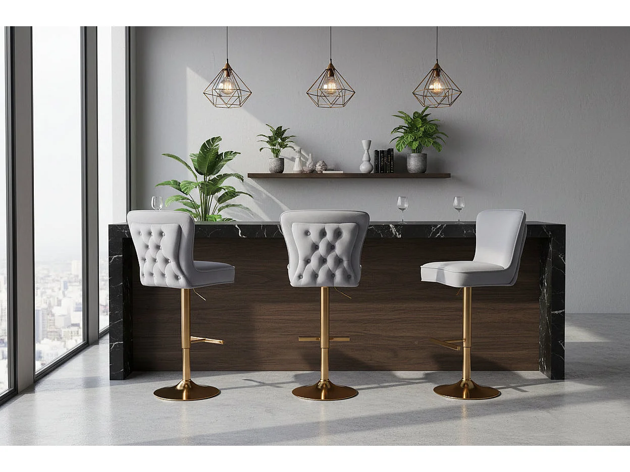 Lot de 2 tabourets de bar velours gris pieds métal gold 65 cm - GABRIELLE