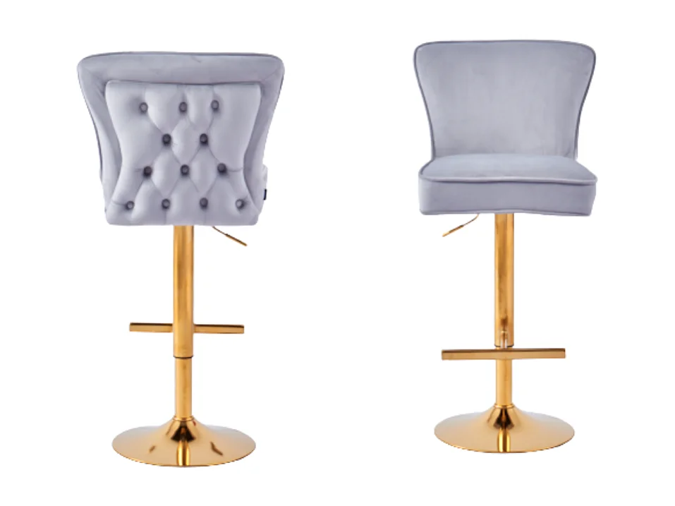 Lot 2 Tabourets de Bar Gabrielle Velours Gris Pieds Gold Hauteur Assise 65cm