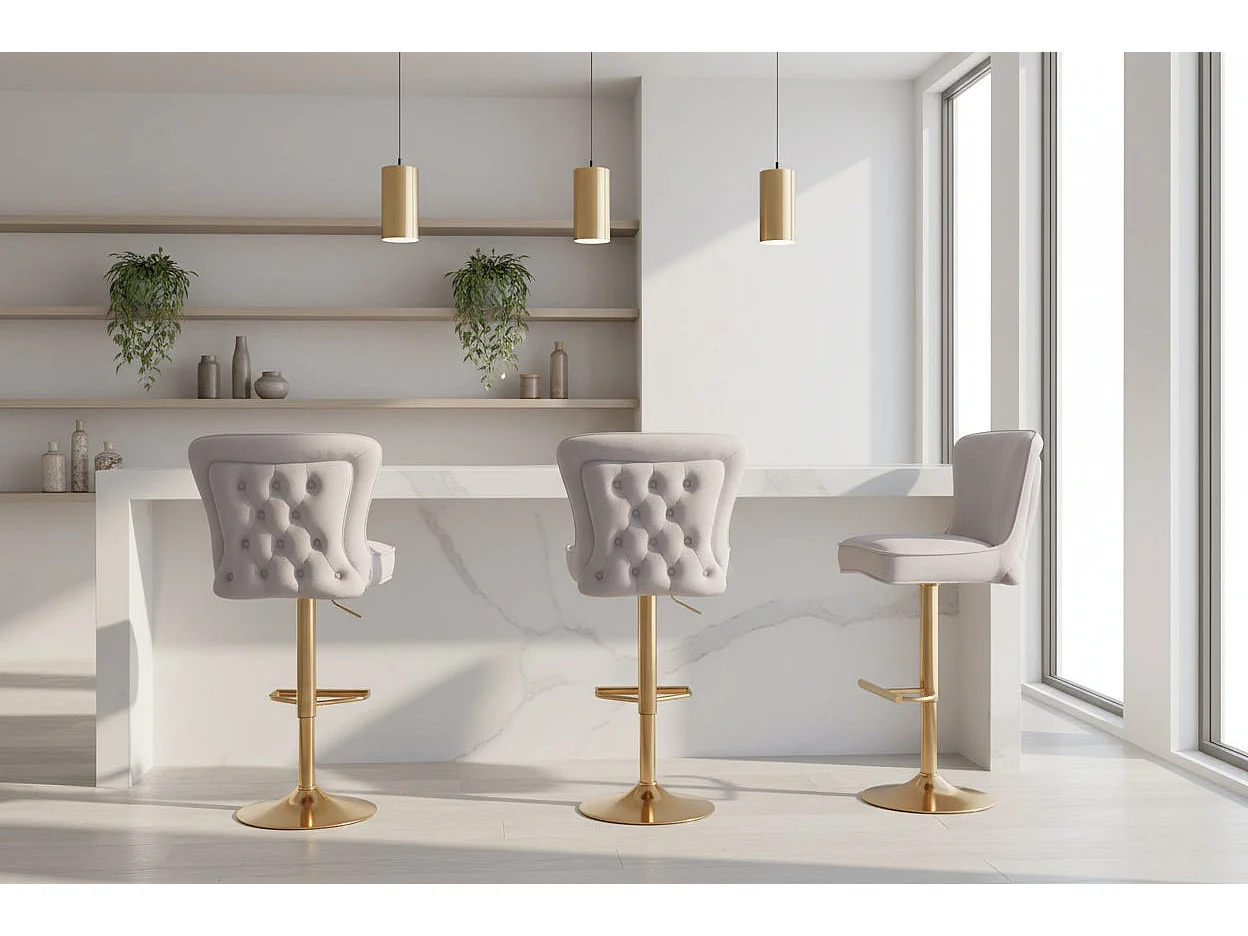 Lot 2 Tabourets de Bar Gabrielle Velours Beige Pieds Gold Hauteur Assise 65cm