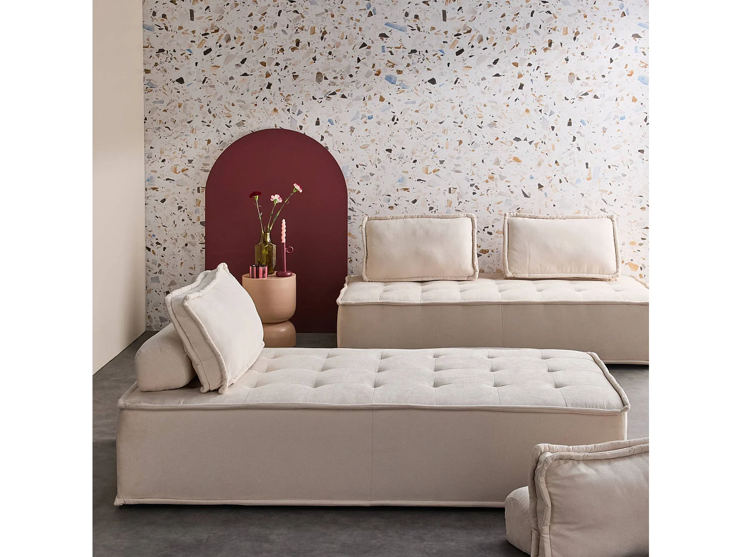 Set 2 moduli per divano modulare in tessuto imbottito, 2 posti, crema