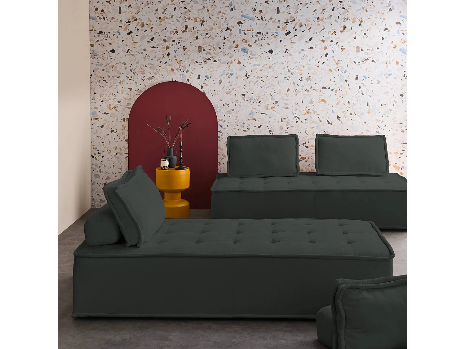 Sofá modular en tela lisa, 4 plazas gris oscuro