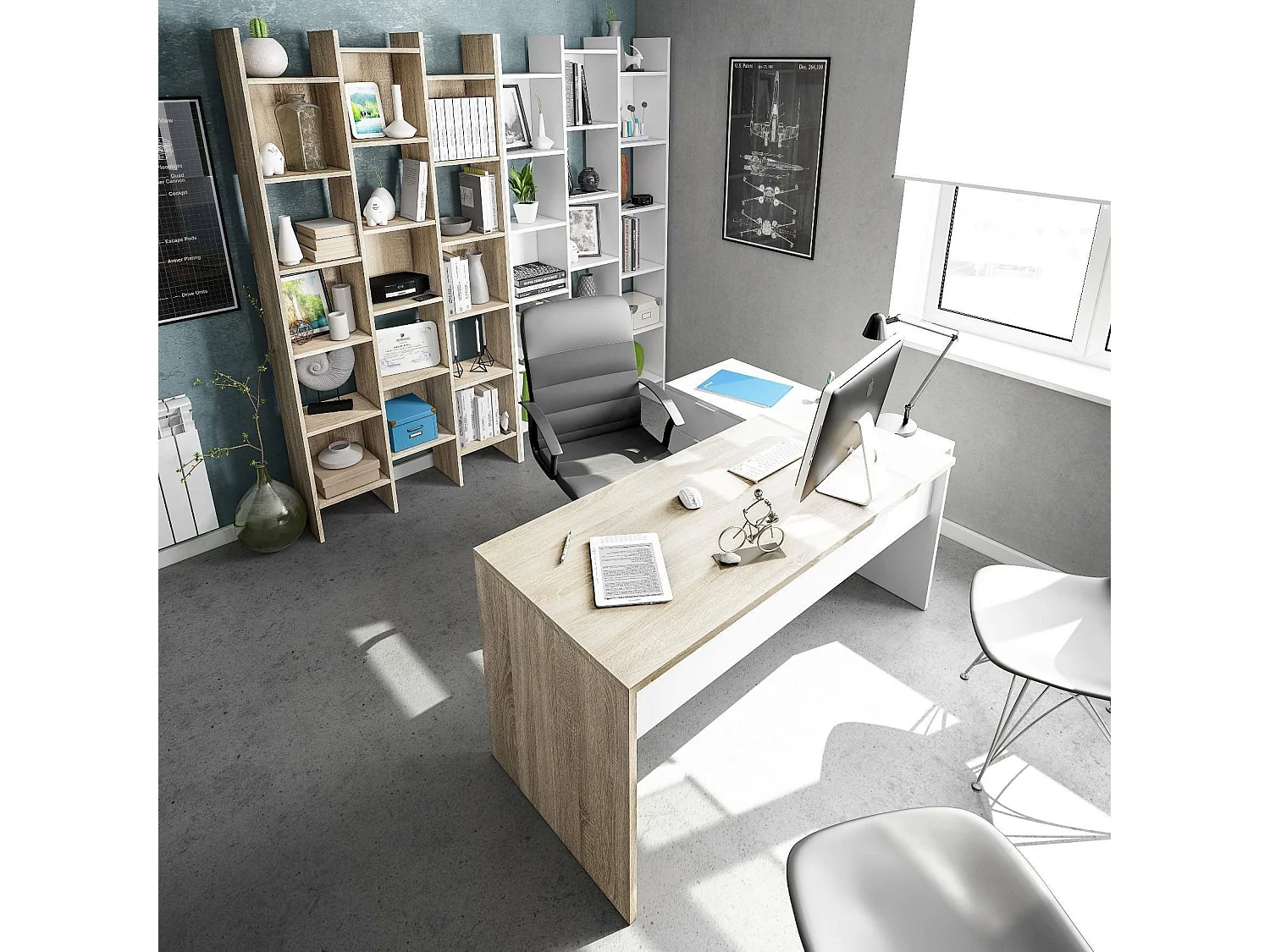 Bureau Dafage, Bureau réversible multifonctionnel avec tiroirs, Bureau d'angle avec support PC ou table de bureau, 145x108h73 cm, Chêne et Blanc