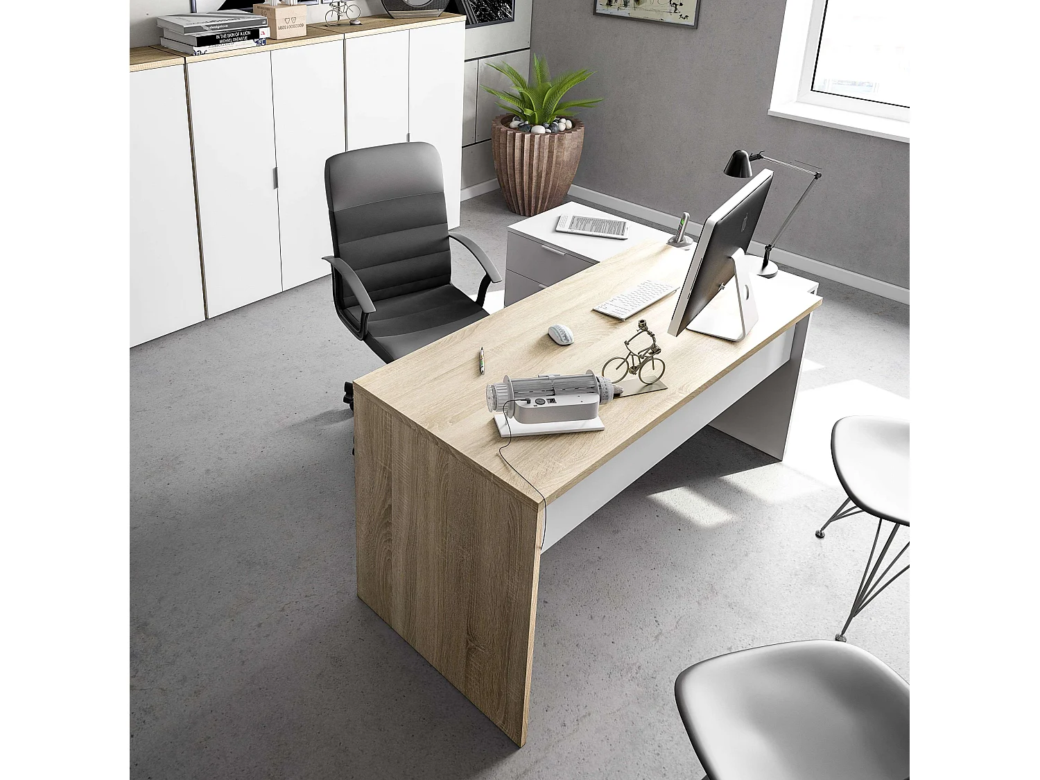 Conjunto de Móveis de Escritório Moderno: 2 Secretárias, 5 Armários, Branco/Carvalho