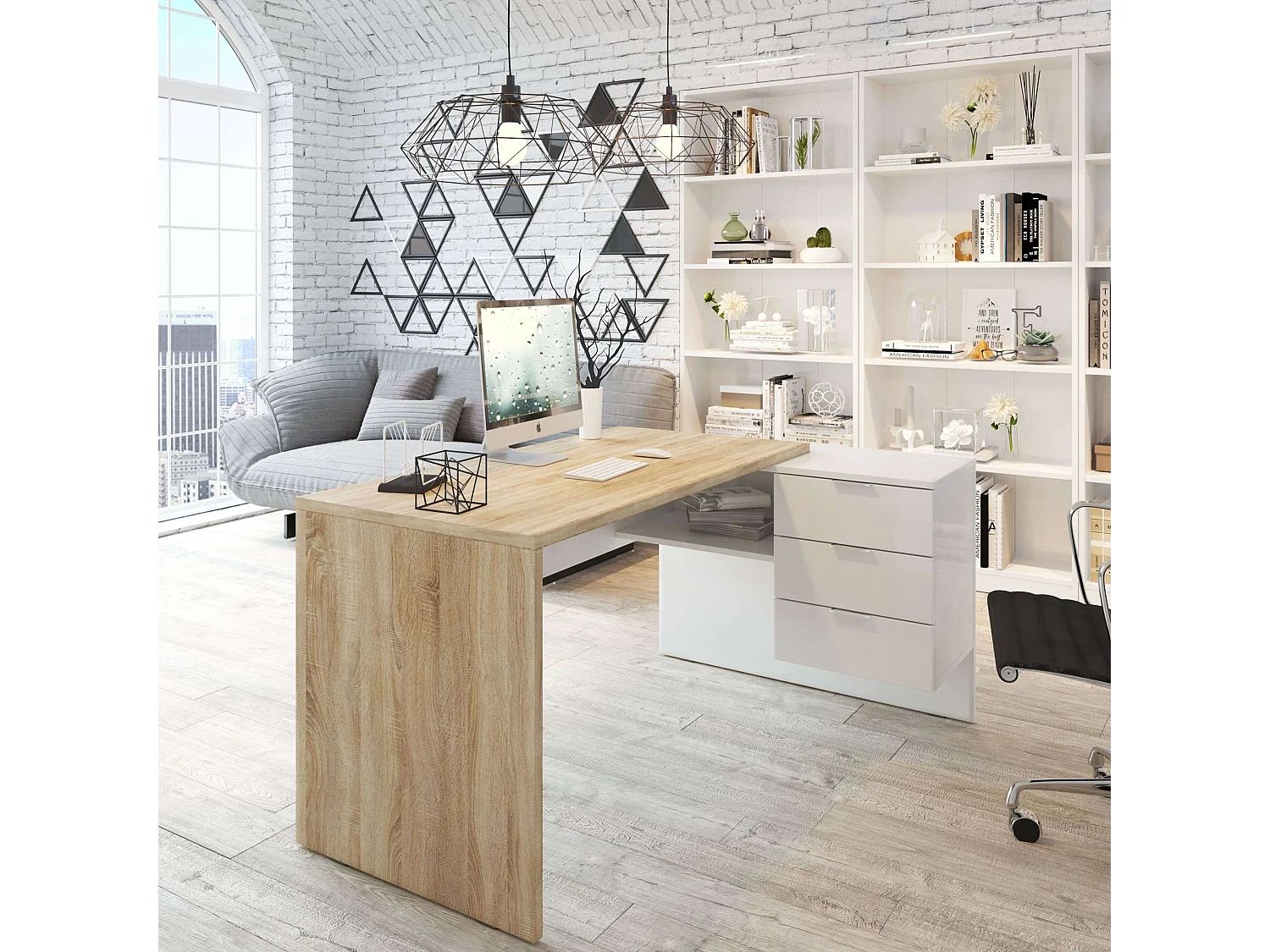 Conjunto de Móveis de Escritório Moderno: 2 Secretárias, 5 Armários, Branco/Carvalho