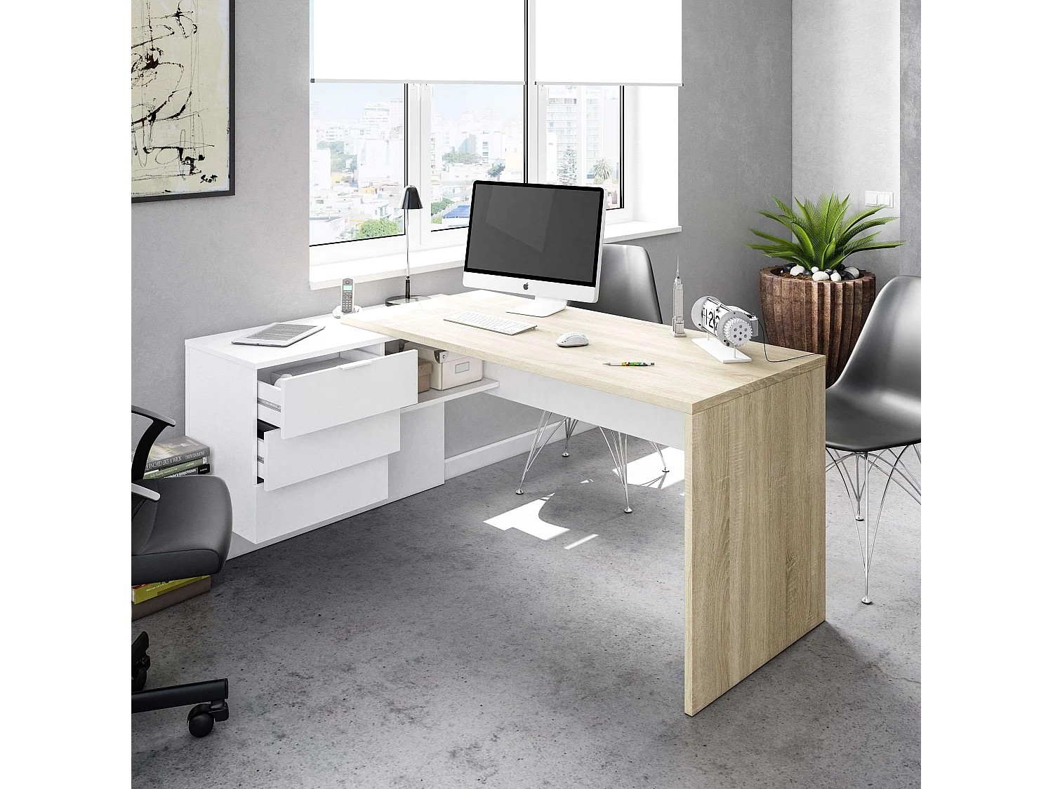 Pack Muebles Oficina Moderno: 2 Mesas, Buck, 5 Armarios, Blanco/Roble