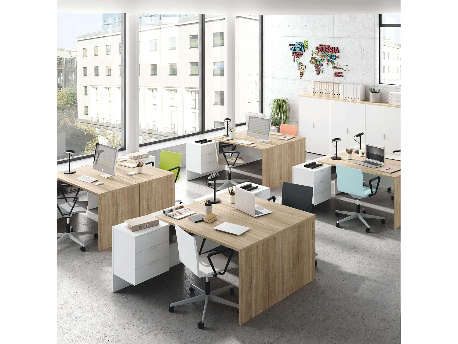 Pack Muebles Oficina Moderno: 2 Mesas, Buck, 5 Armarios, Blanco/Roble