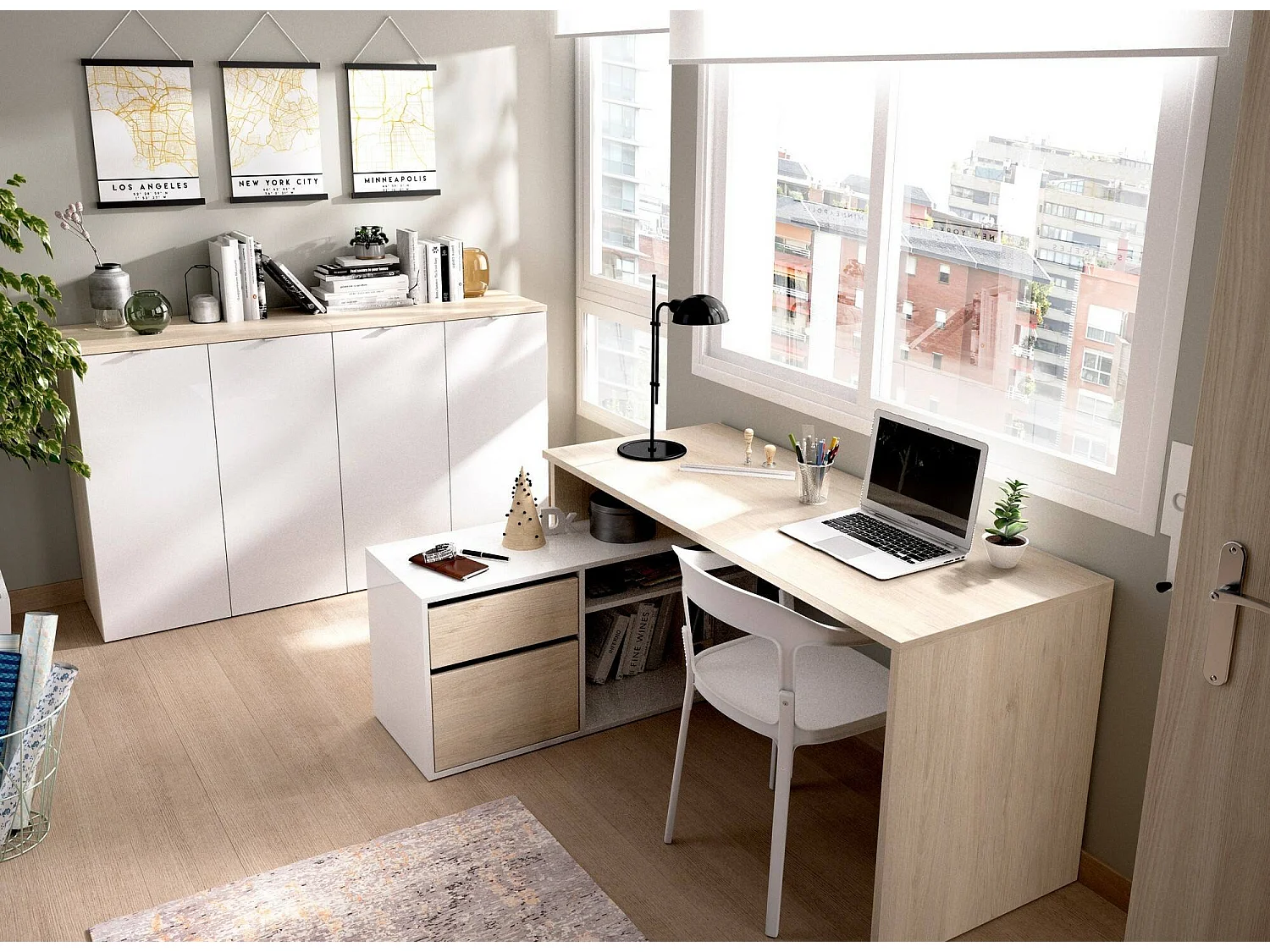 Bureau Gardena, Bureau multi-positions pour le bureau ou la chambre, Table d'étude d'angle polyvalente, 139x92h75 cm, Blanc et Chêne