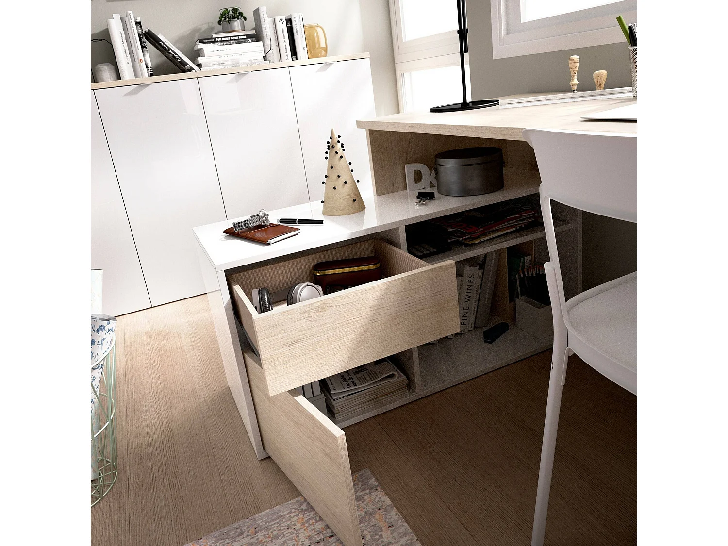 Bureau Gardena, Bureau multi-positions pour le bureau ou la chambre, Table d'étude d'angle polyvalente, 139x92h75 cm, Blanc et Chêne