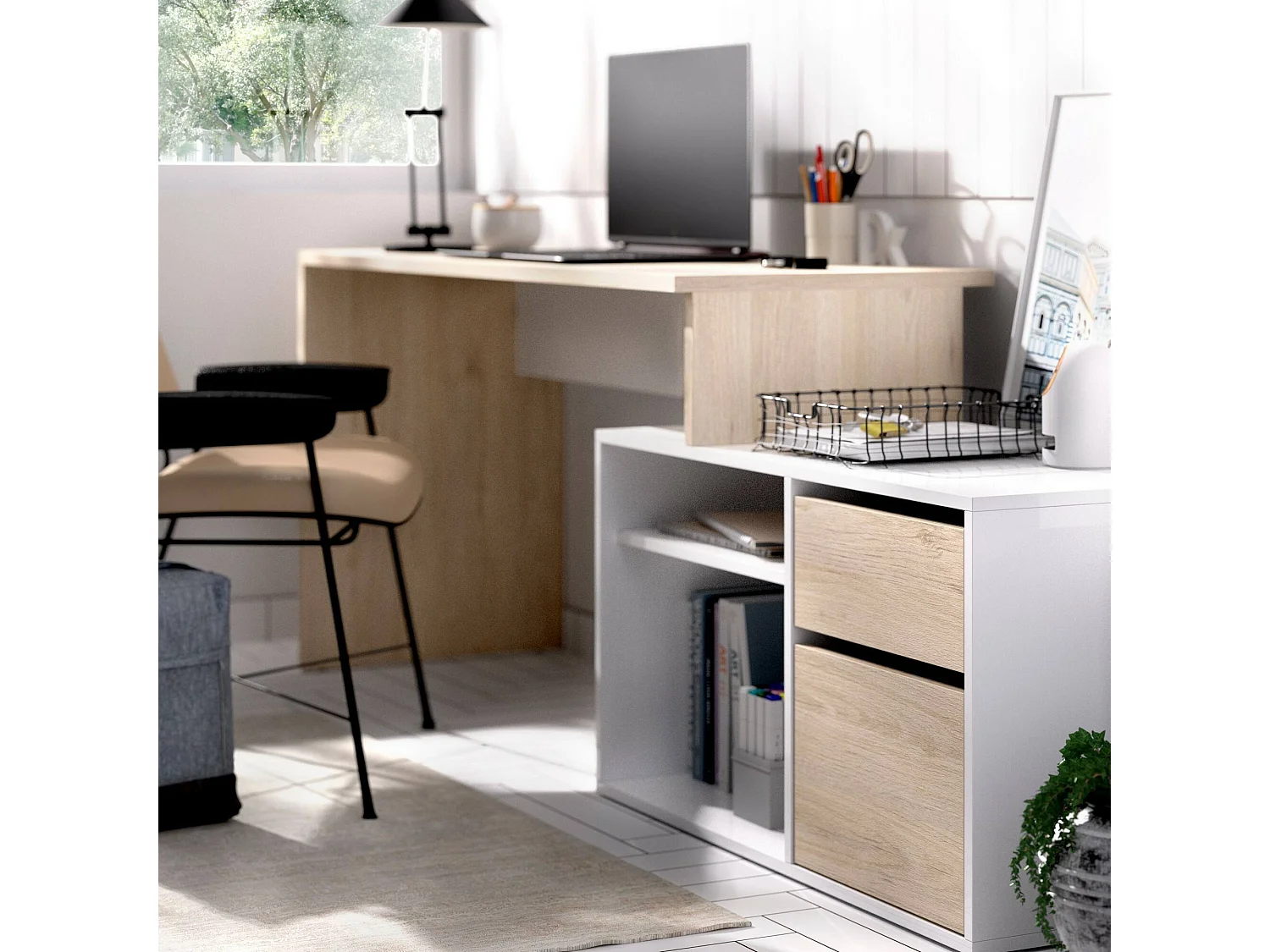 Bureau Gardena, Bureau multi-positions pour le bureau ou la chambre, Table d'étude d'angle polyvalente, 139x92h75 cm, Blanc et Chêne