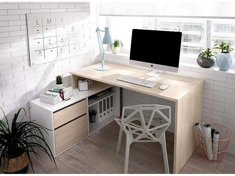 Bureau Gardena, Bureau multi-positions pour le bureau ou la chambre, Table d'étude d'angle polyvalente, 139x92h75 cm, Blanc et Chêne
