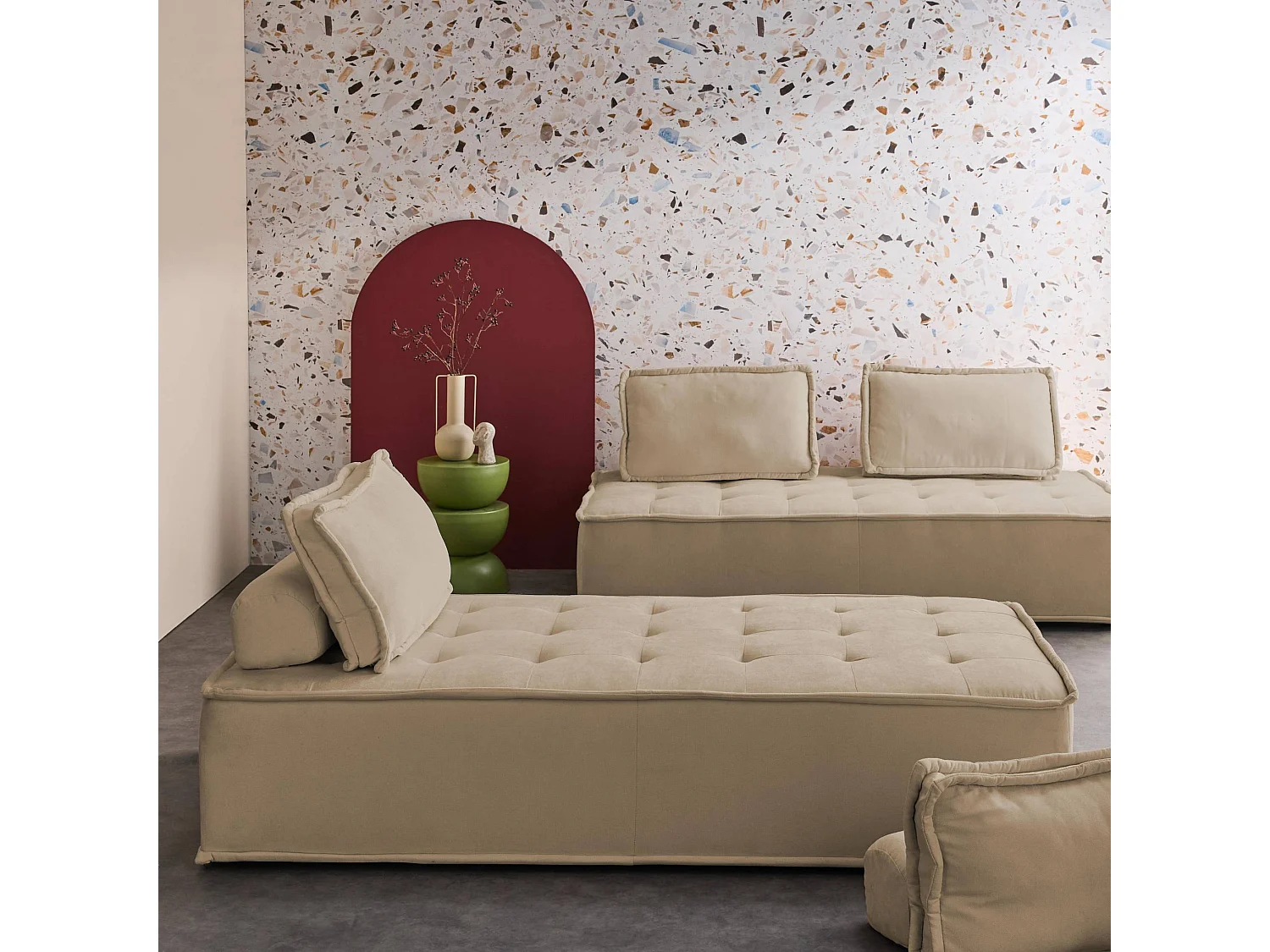 Set 2 moduli per divano modulare in tessuto imbottito, 2 posti, beige