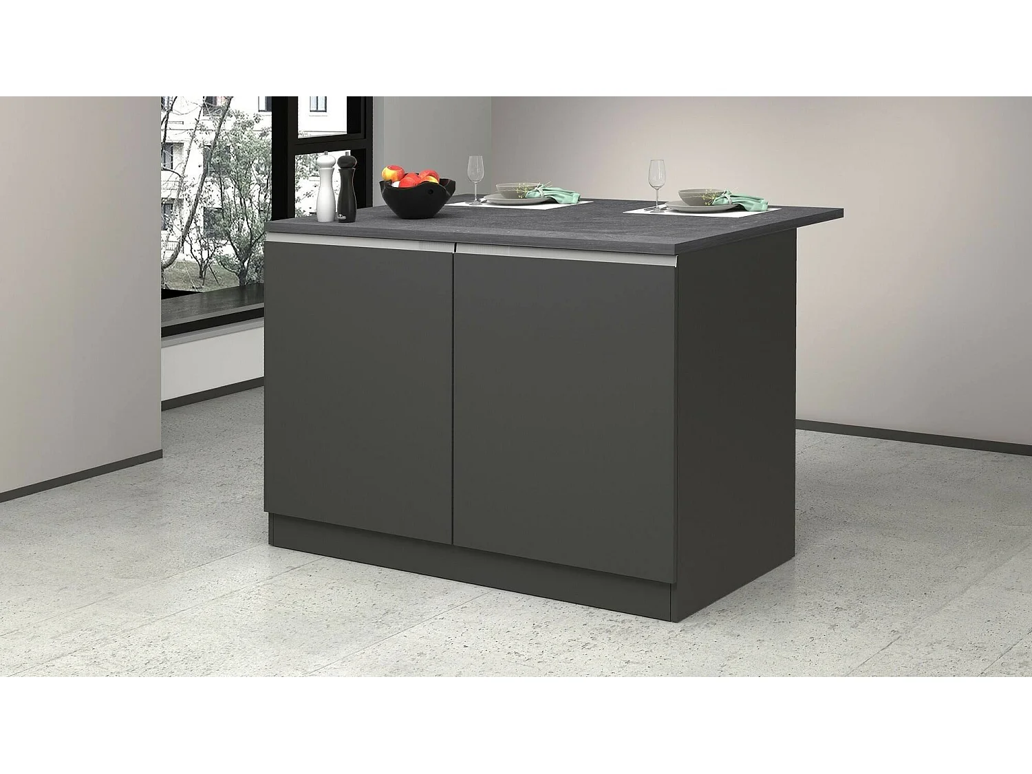 Îlot de cuisine Daffaticat, Armoire polyvalente, Meuble de kitchenette, Table auxiliaire, 100% Made in Italy, 125x90h90 cm, Anthracite et Ardoise