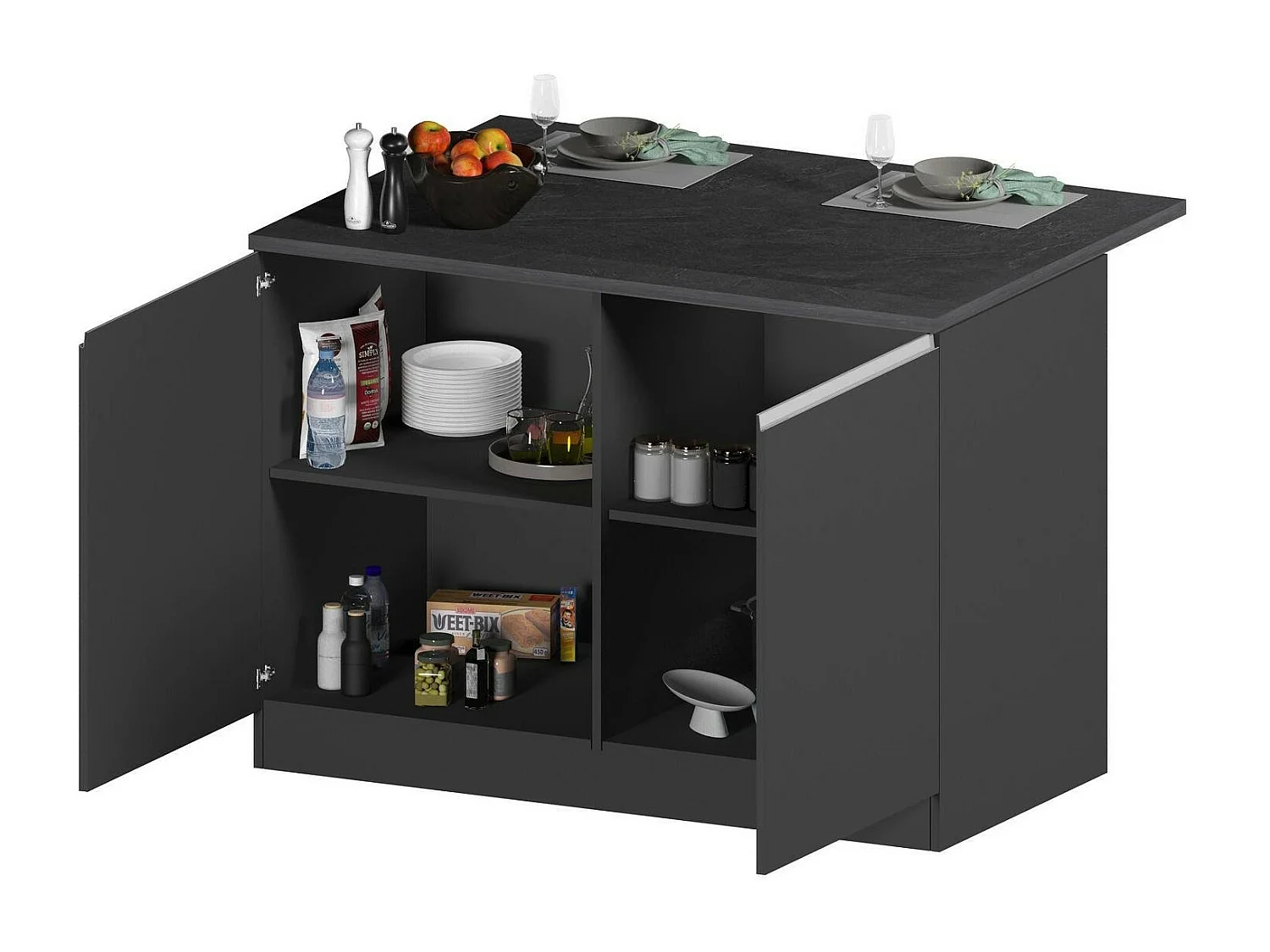 Îlot de cuisine Daffaticat, Armoire polyvalente, Meuble de kitchenette, Table auxiliaire, 100% Made in Italy, 125x90h90 cm, Anthracite et Ardoise
