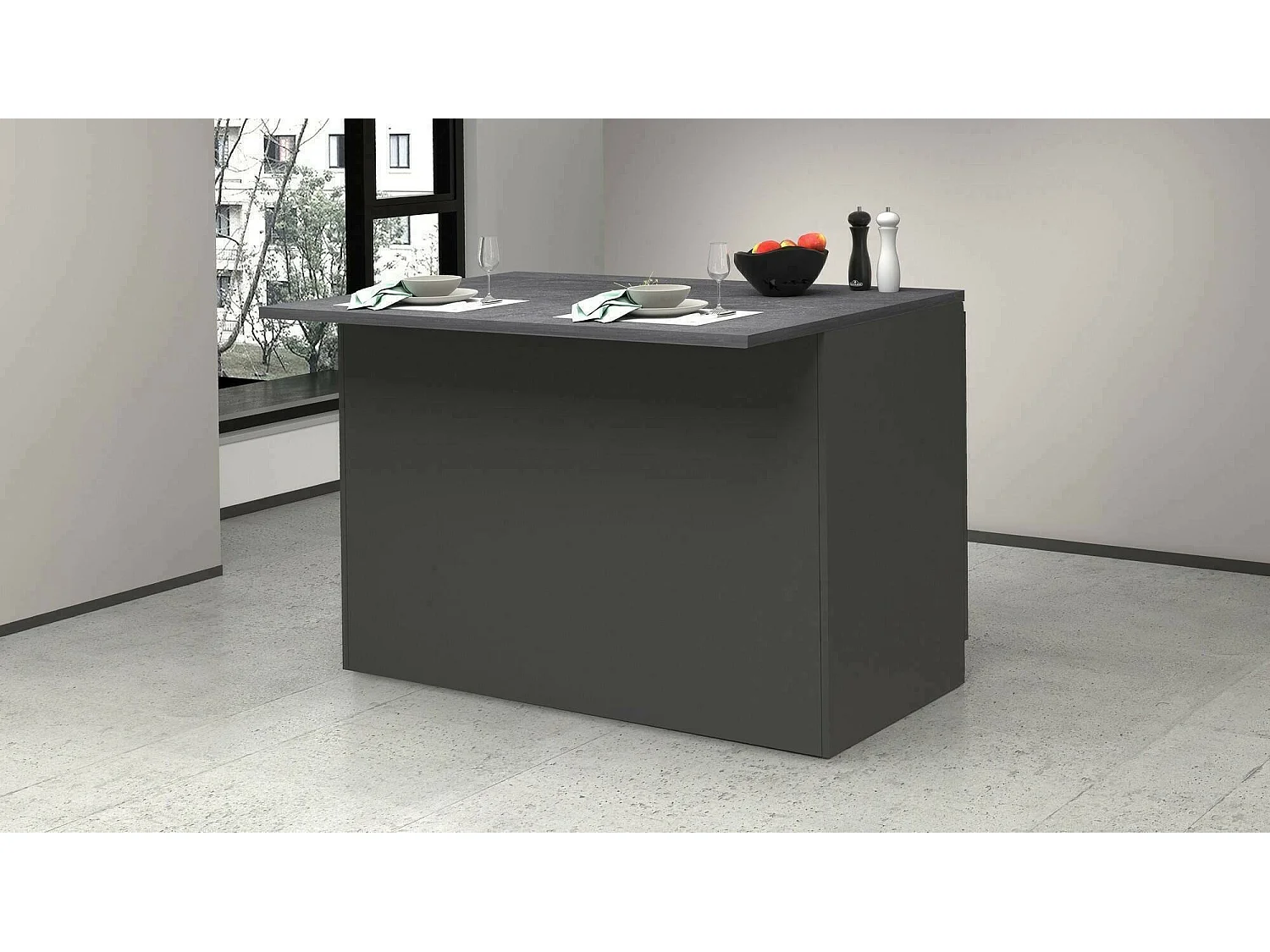 Îlot de cuisine Daffaticat, Armoire polyvalente, Meuble de kitchenette, Table auxiliaire, 100% Made in Italy, 125x90h90 cm, Anthracite et Ardoise