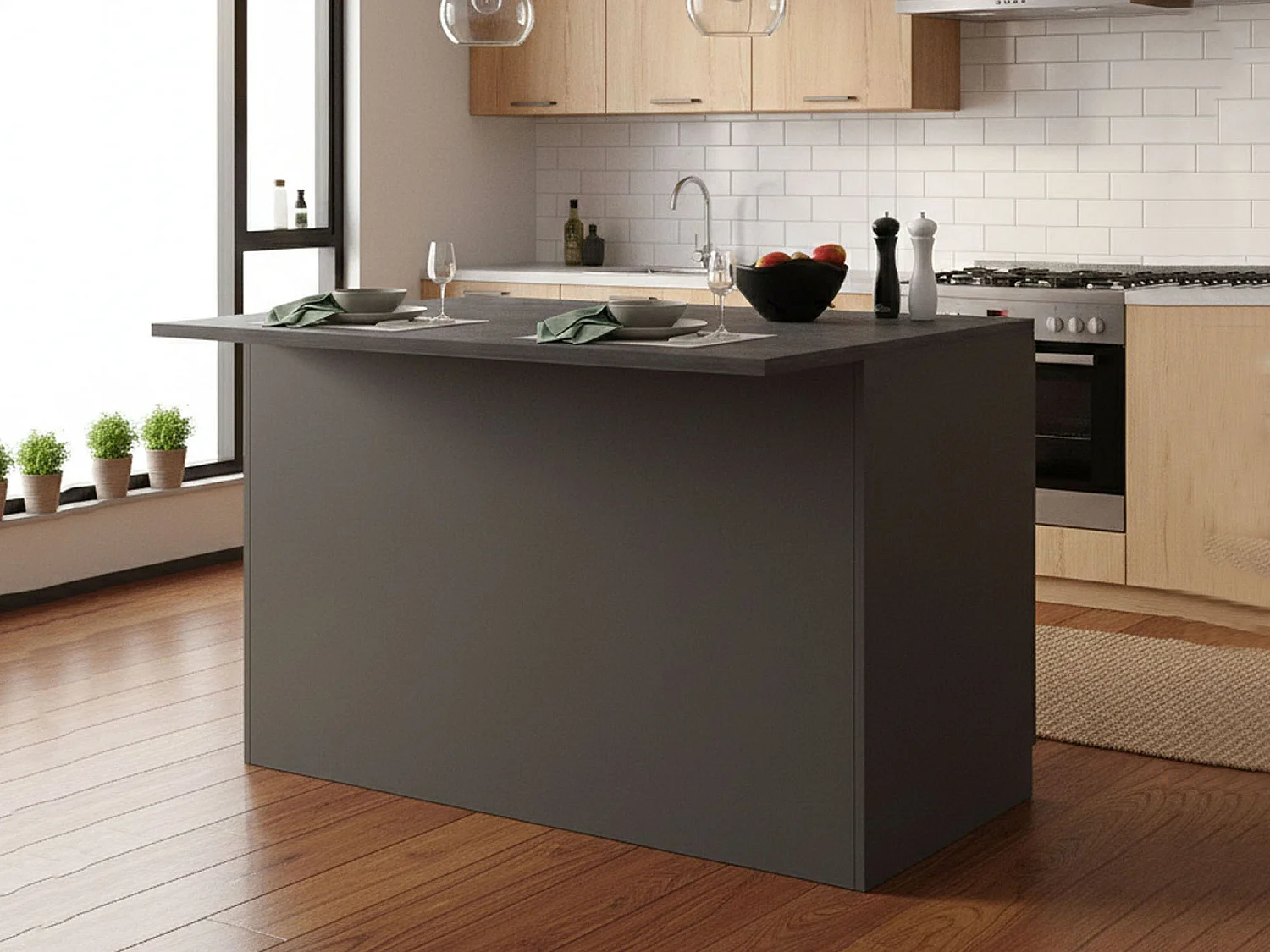 Daffaticat keukeneiland, Multifunctionele kledingkast, Keukenkast, Bijzettafel, 100% Made in Italy, 125x90h90 cm, Antraciet en Leisteen