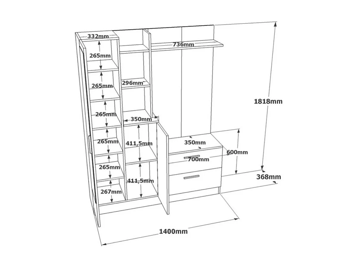 Meuble d'entrée Homam, Crochet d'entrée, Composition pour l'atrium, Console de rangement multifonction, 140x37h182 cm, Blanc