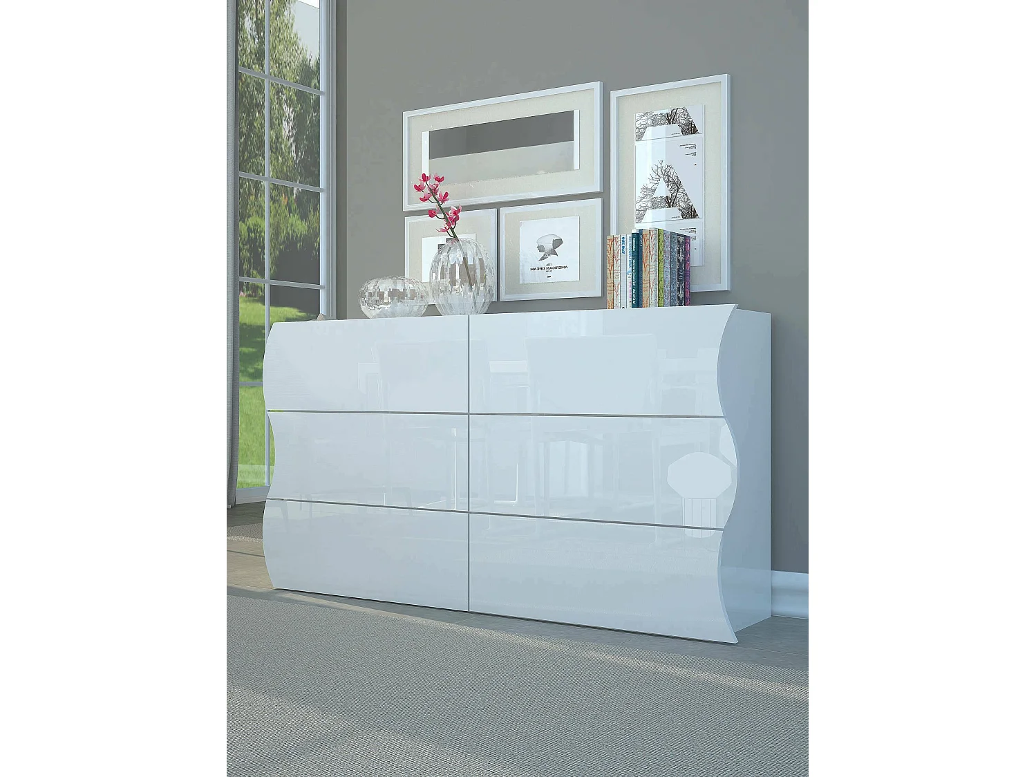 Commode Dmonz, Commode 6 tiroirs, Commode de chambre, 100% Made in Italy, Blanc brillant, 155x40h82 cm