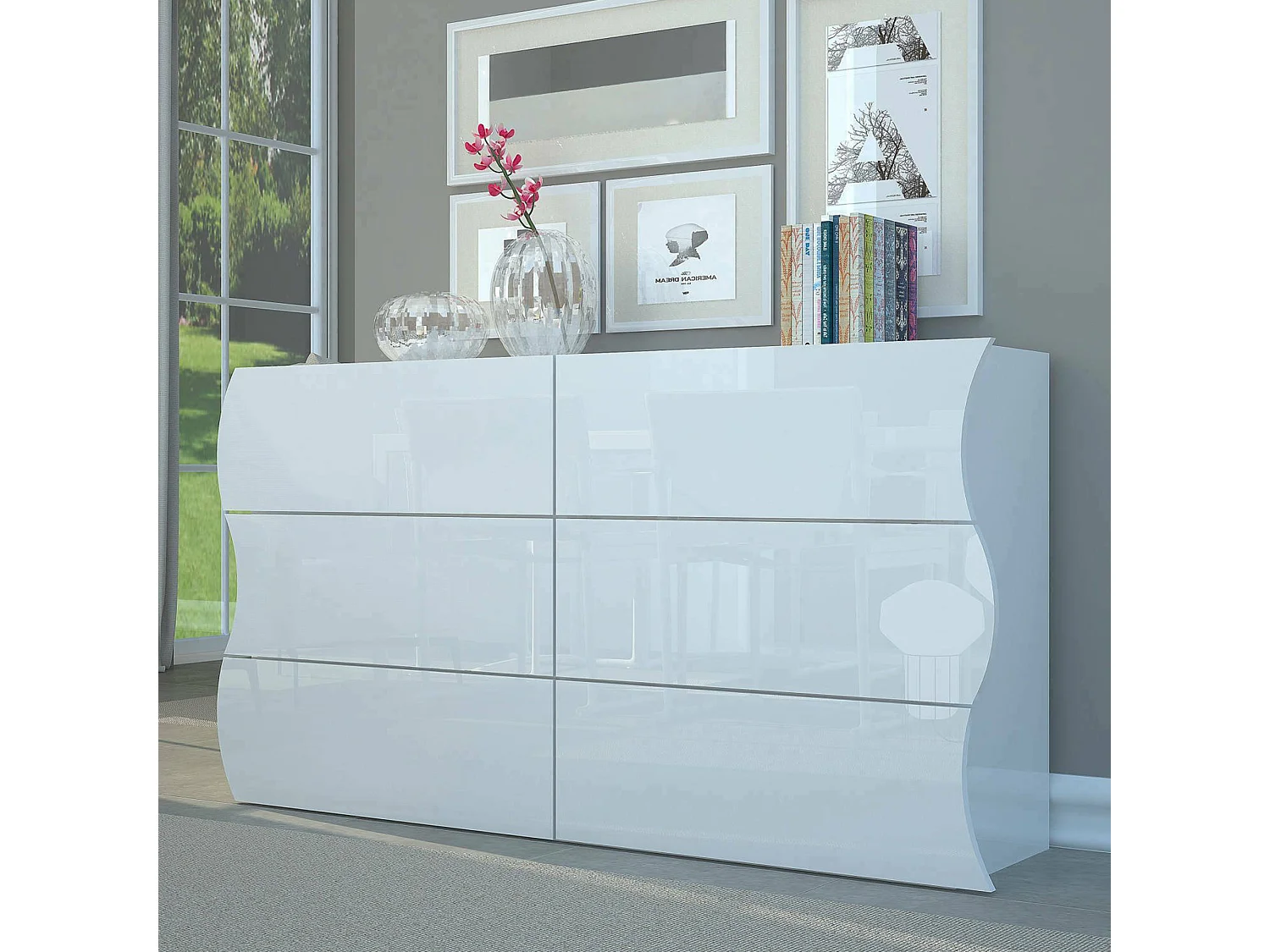 Commode Dmonz, Commode 6 tiroirs, Commode de chambre, 100% Made in Italy, Blanc brillant, 155x40h82 cm