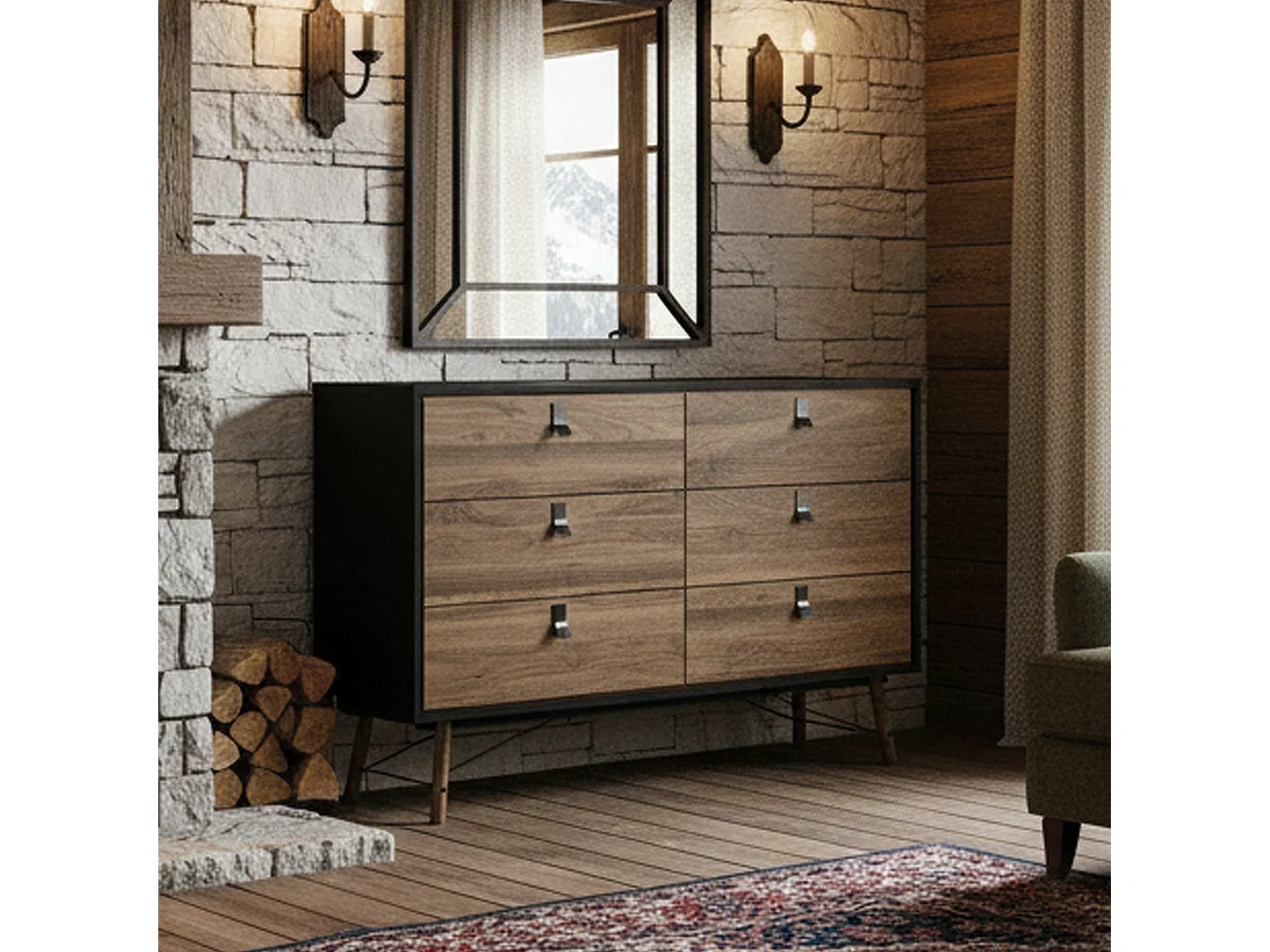 Buffet Dsalvett, Buffet du salon, Commode de salon, Garde-manger de cuisine, 150x40 h95 cm, Noir et Noyer