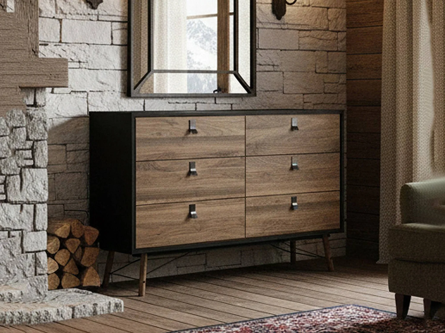 Buffet Dsalvett, Buffet du salon, Commode de salon, Garde-manger de cuisine, 150x40 h95 cm, Noir et Noyer