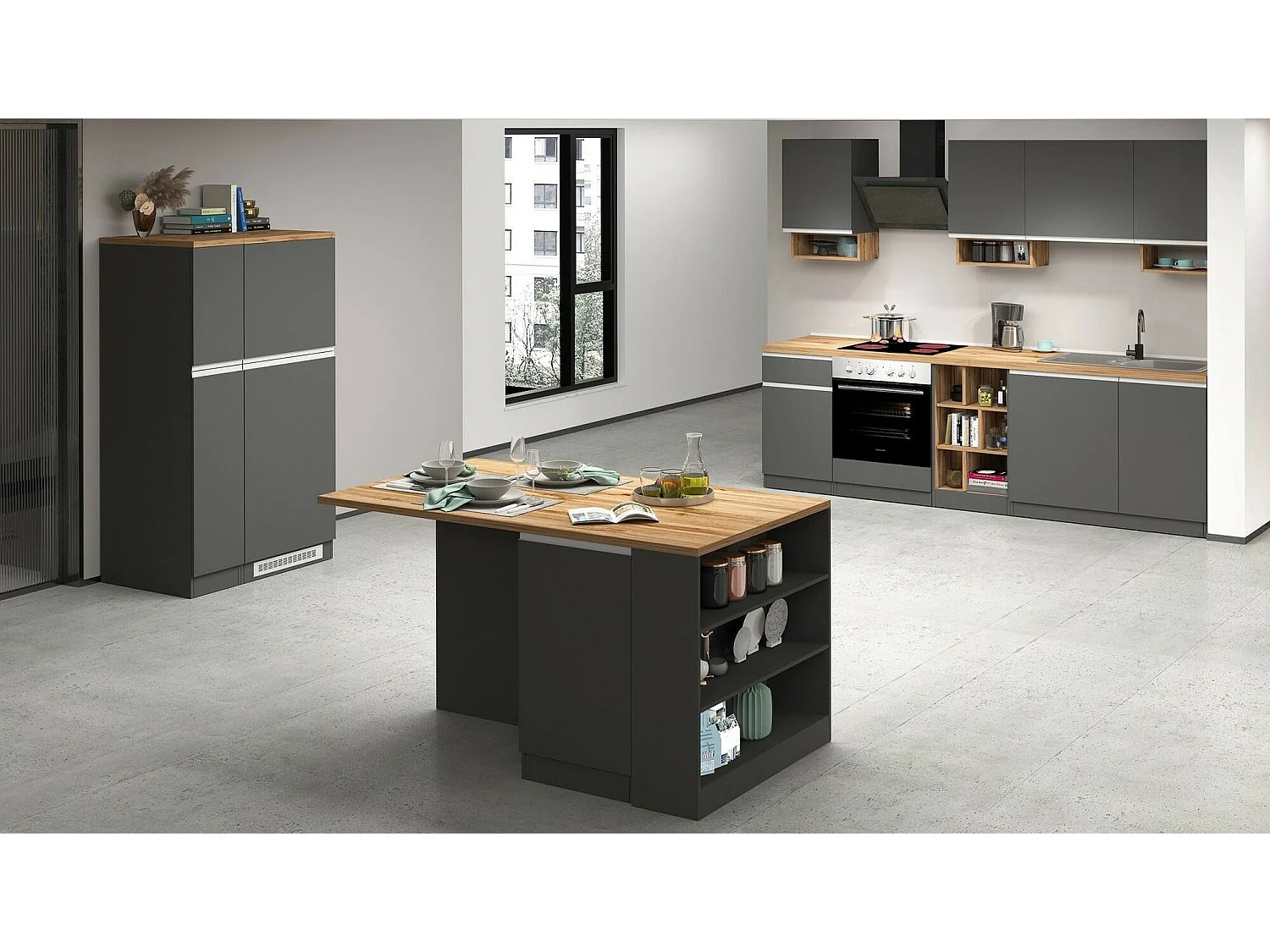 ÃŽlot de cuisine Dcannaval, Armoire polyvalente, Meuble de kitchenette, Table auxiliaire, 100% Made in Italy, 160x90h90 cm, Anthracite et Chêne