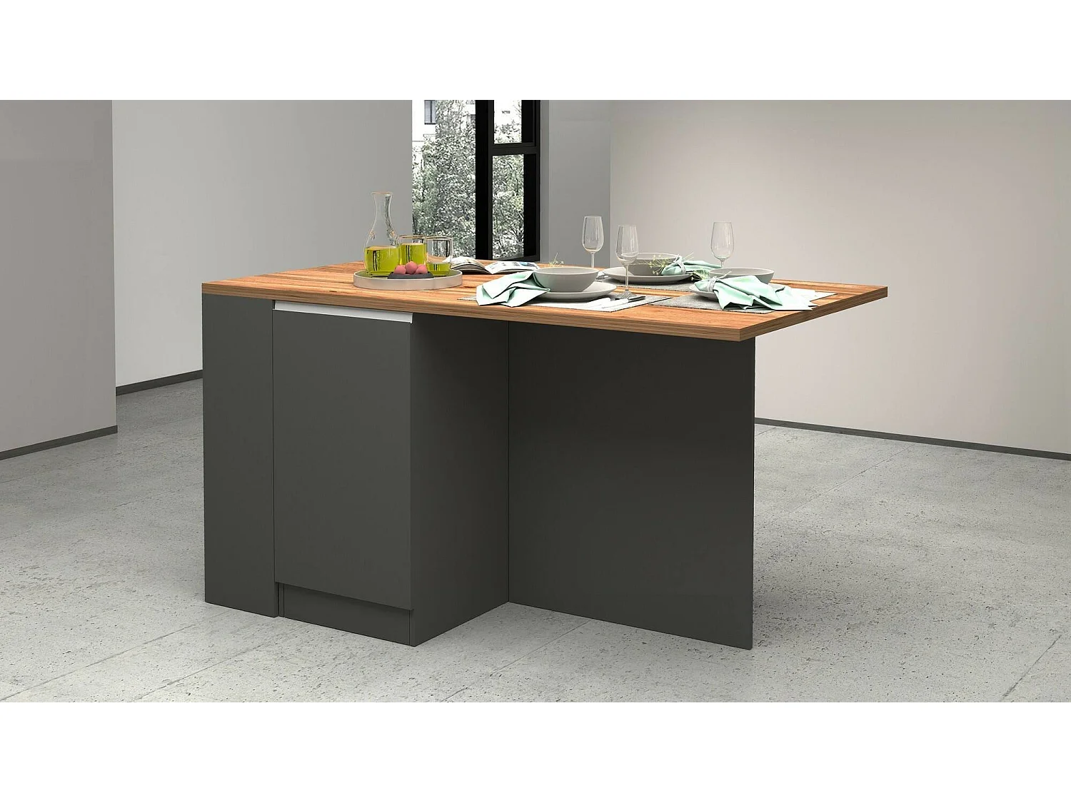 ÃŽlot de cuisine Dcannaval, Armoire polyvalente, Meuble de kitchenette, Table auxiliaire, 100% Made in Italy, 160x90h90 cm, Anthracite et Chêne
