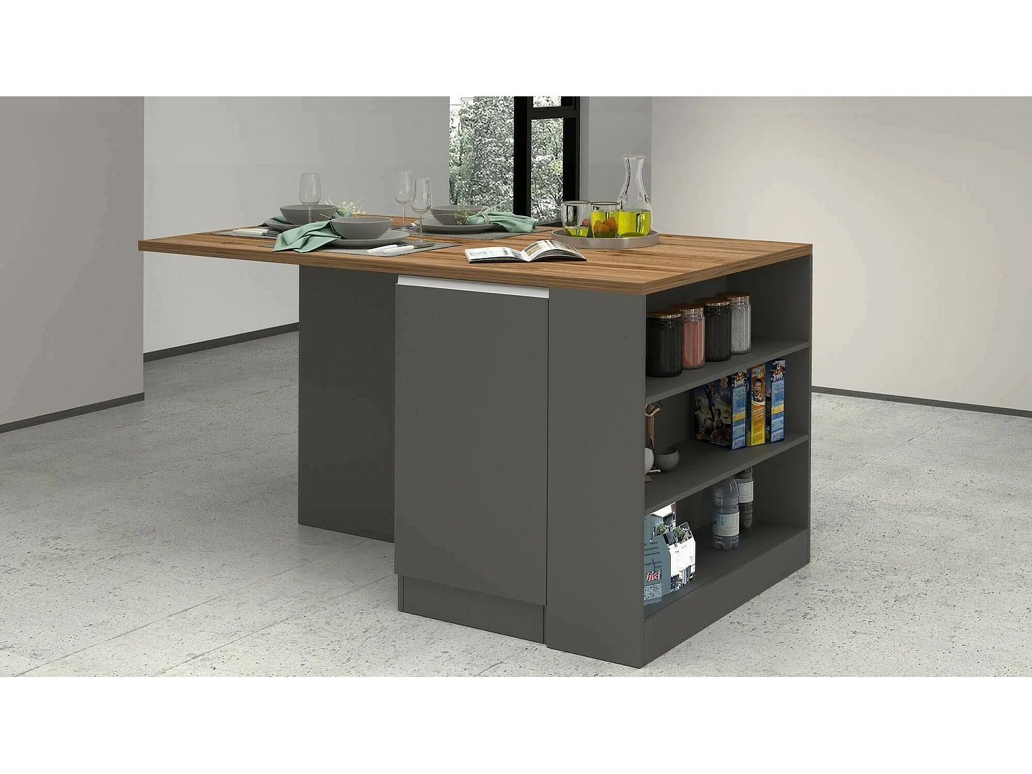 ÃŽlot de cuisine Dcannaval, Armoire polyvalente, Meuble de kitchenette, Table auxiliaire, 100% Made in Italy, 160x90h90 cm, Anthracite et Chêne