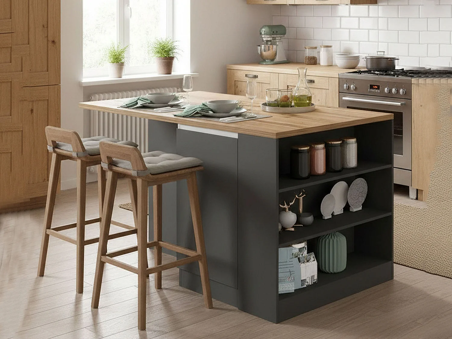 ÃŽlot de cuisine Dcannaval, Armoire polyvalente, Meuble de kitchenette, Table auxiliaire, 100% Made in Italy, 160x90h90 cm, Anthracite et Chêne