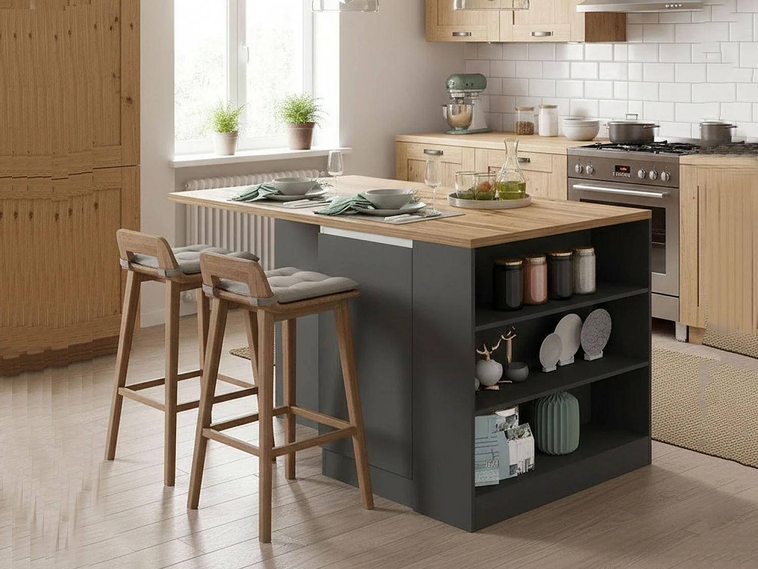 ÃŽlot de cuisine Dcannaval, Armoire polyvalente, Meuble de kitchenette, Table auxiliaire, 100% Made in Italy, 160x90h90 cm, Anthracite et Chêne