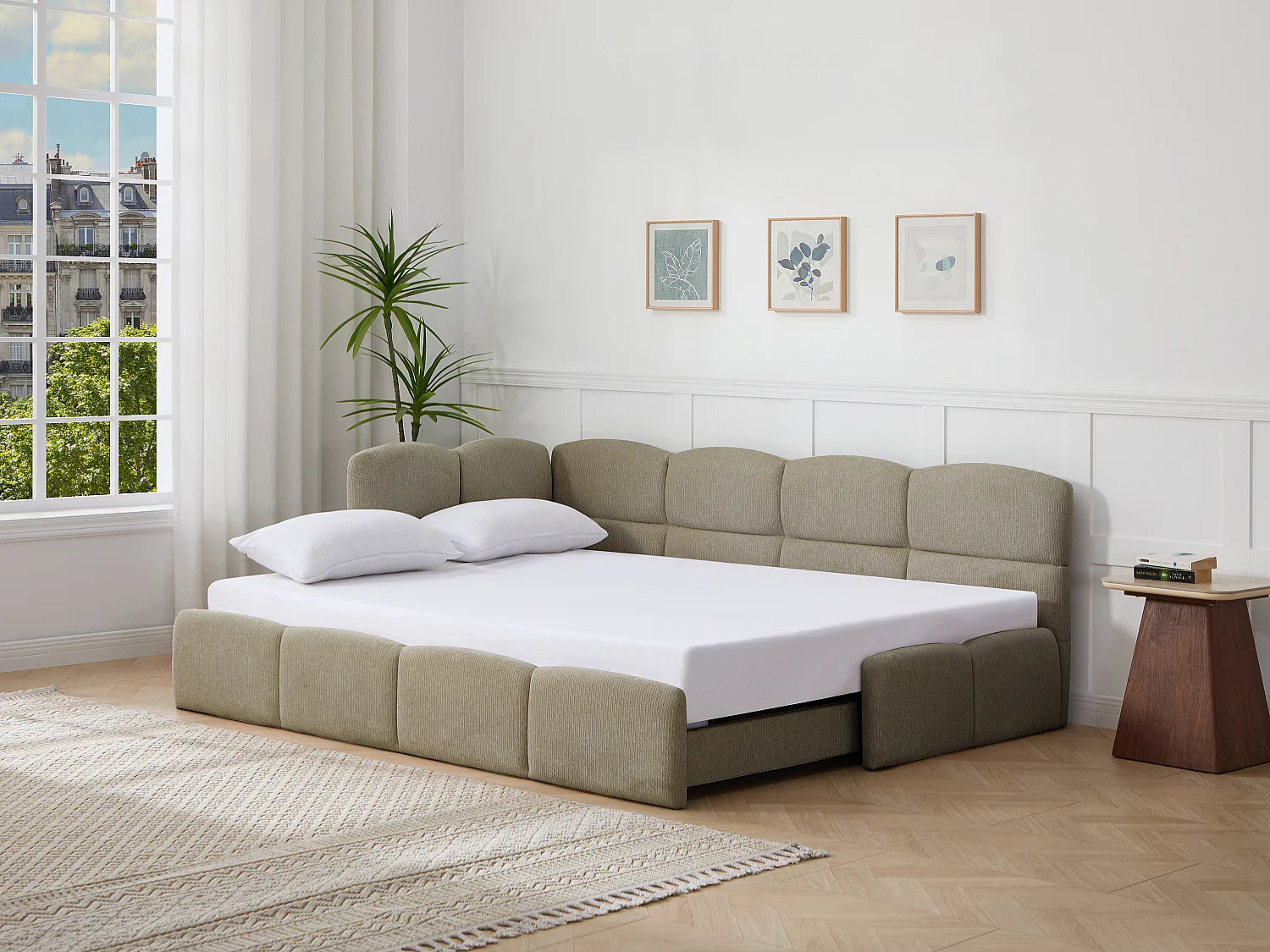 Lit gigogne 2 x 80 x 200 cm – Avec sommier peigne – Tissu texturé – Taupe + Matelas – PLURANIO