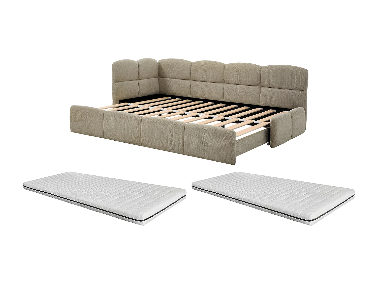 Lit gigogne 2 x 80 x 200 cm – Avec sommier peigne – Tissu texturé – Taupe + Matelas – PLURANIO