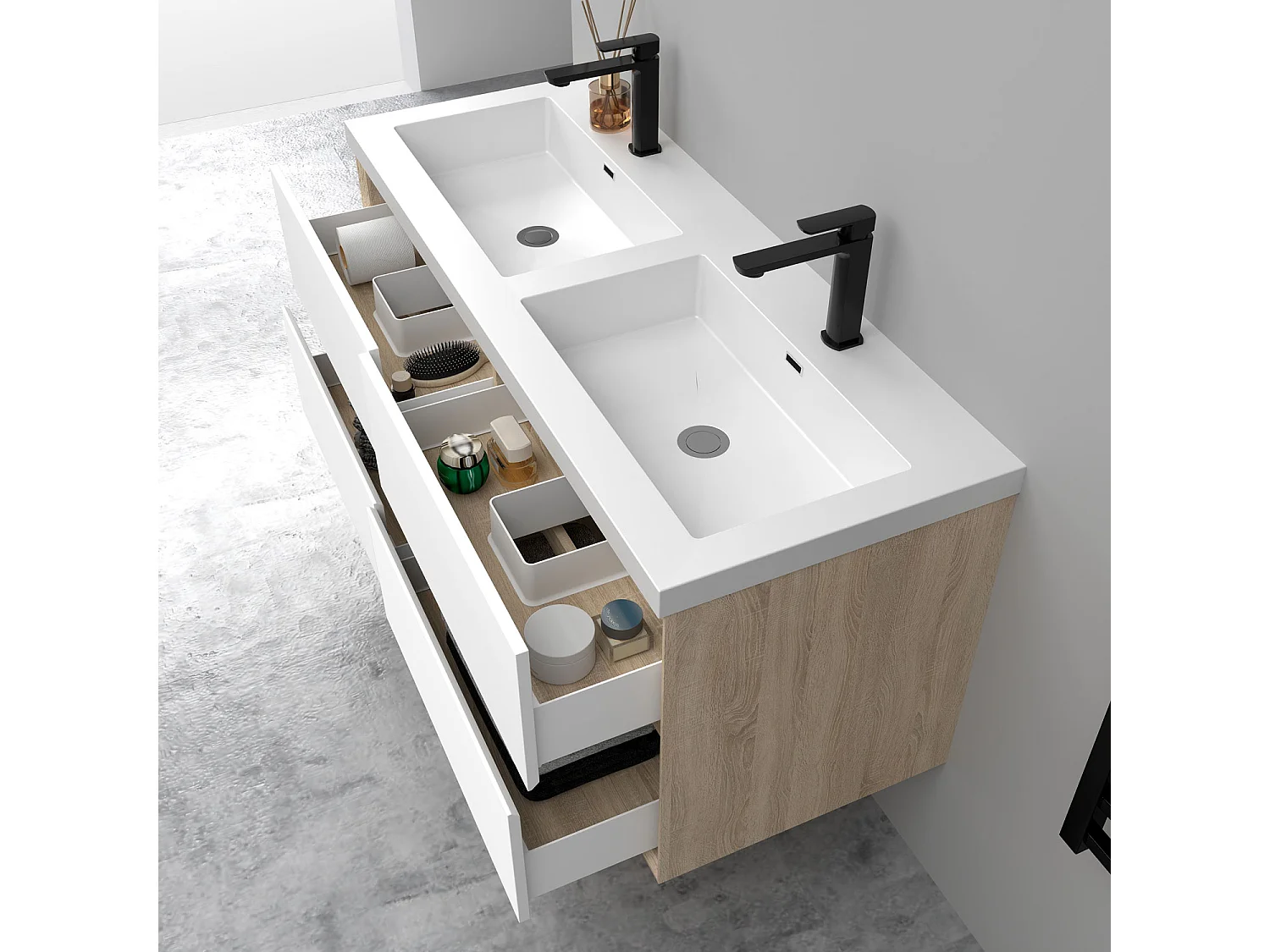 Meuble salle de bain suspendu 120 cm Blanc et Chêne, 4 tiroirs + vasque inclus