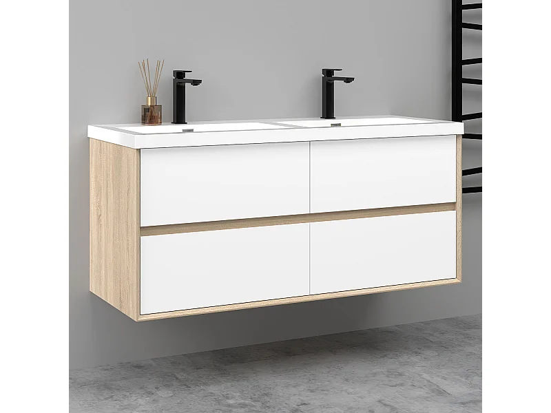 Meuble salle de bain suspendu 120 cm Blanc et Chêne, 4 tiroirs + vasque inclus