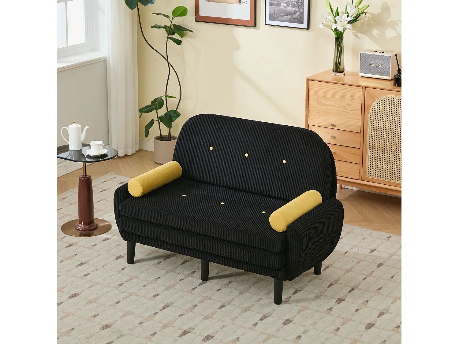 Canapé loveseat en velours côtelé noir avec rangement intégré