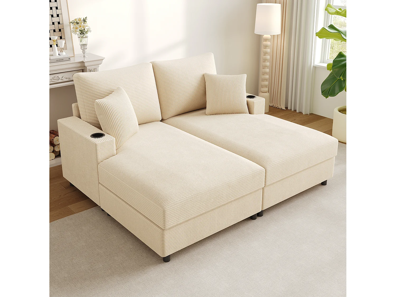 Canapé-lit double convertible avec ports USB et porte-gobelets beige