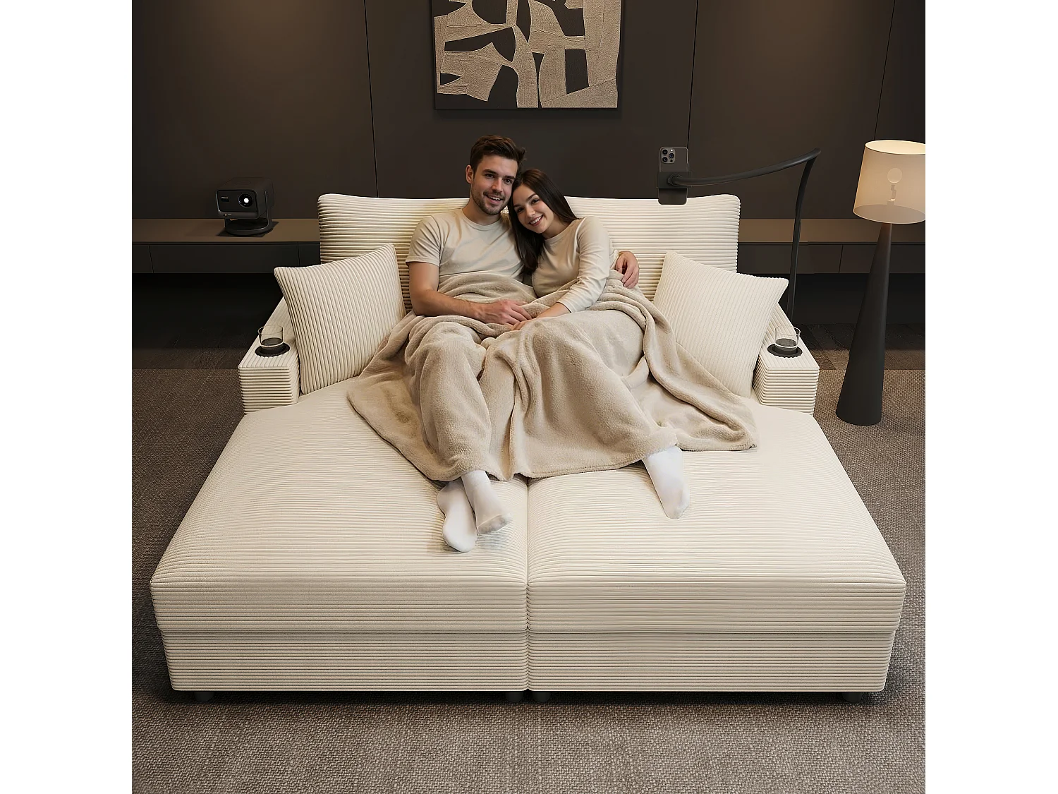 Canapé-lit double convertible avec ports USB et porte-gobelets beige