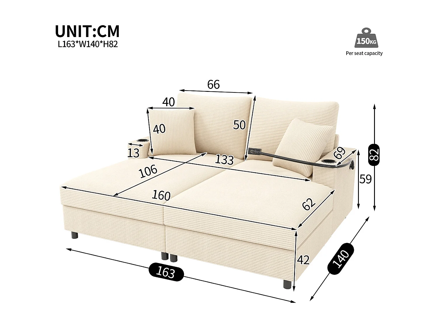 Canapé-lit double convertible avec ports USB et porte-gobelets beige