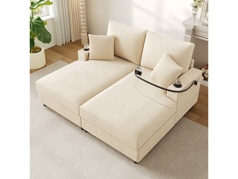 Canapé-lit double convertible avec ports USB et porte-gobelets beige