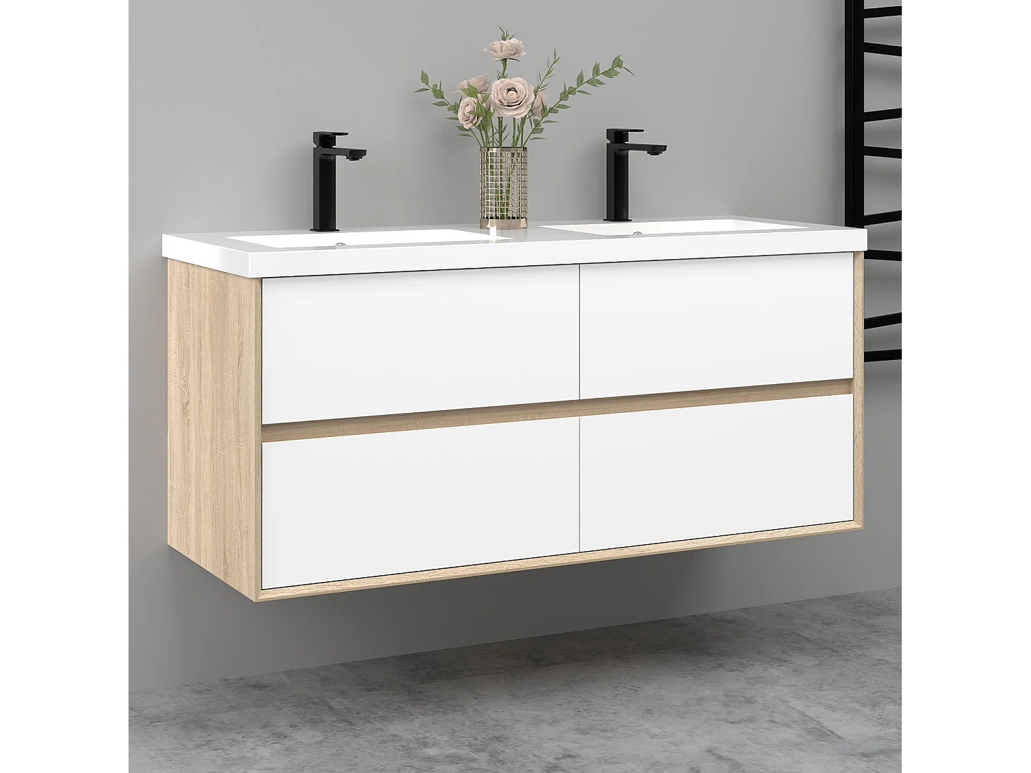 Meuble salle de bain suspendu 120 cm avec vasque + 4 tiroirs, Blanc et Chêne