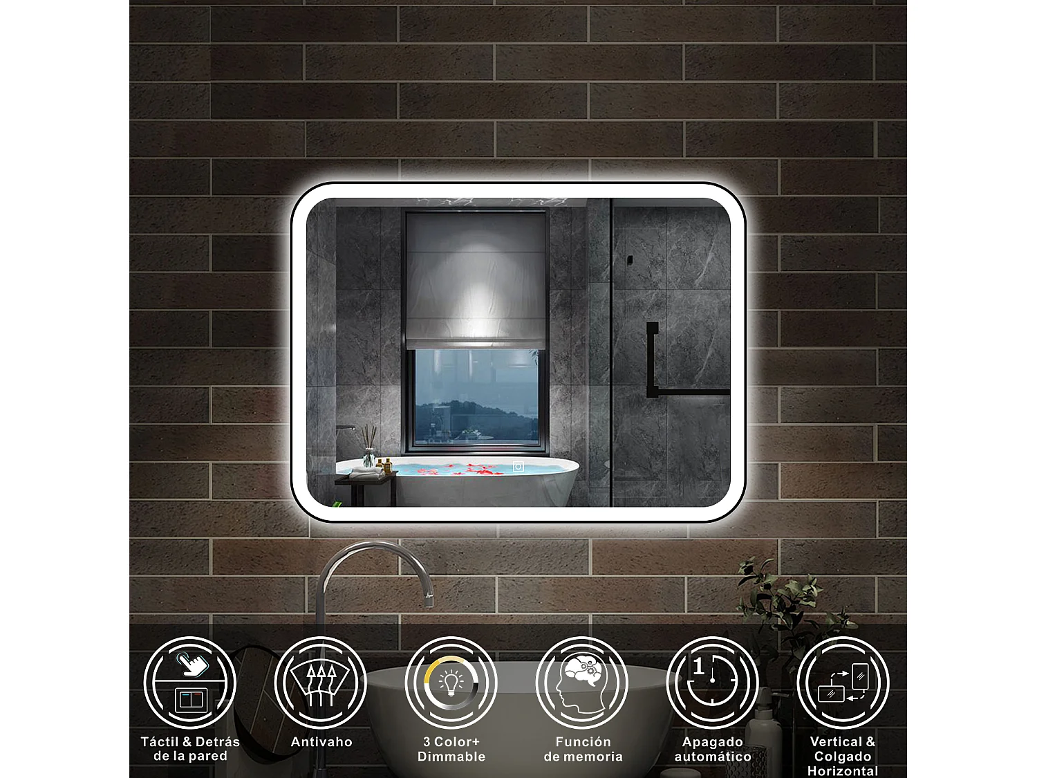 AICA ESPEJO Espejo de baño 90 x 70cm, con función antivaho,con luz de 3 colores,brillo ajustable,función de memoria agapada