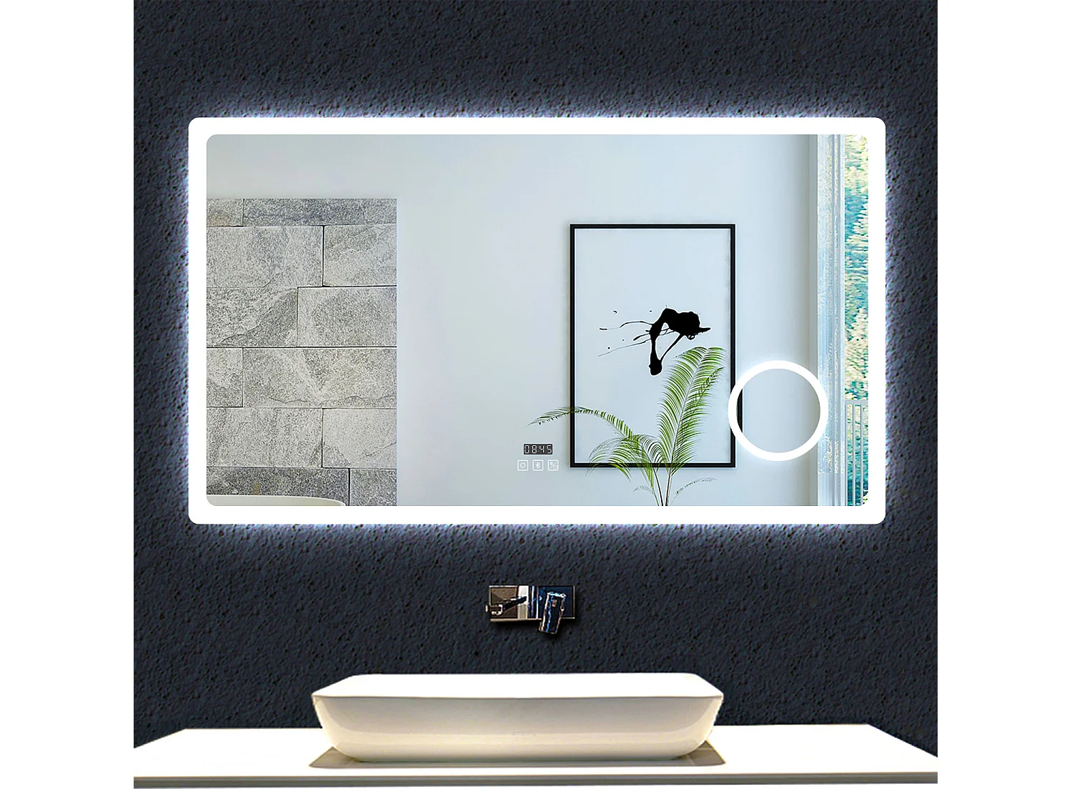 AICA espejo 100 x 60 cm,rectangular,con función antivaho,Bluetooth，lupa 3x,reloj led, espejo con luz de 3 colores,brillo ajustable,función de memoria agapada