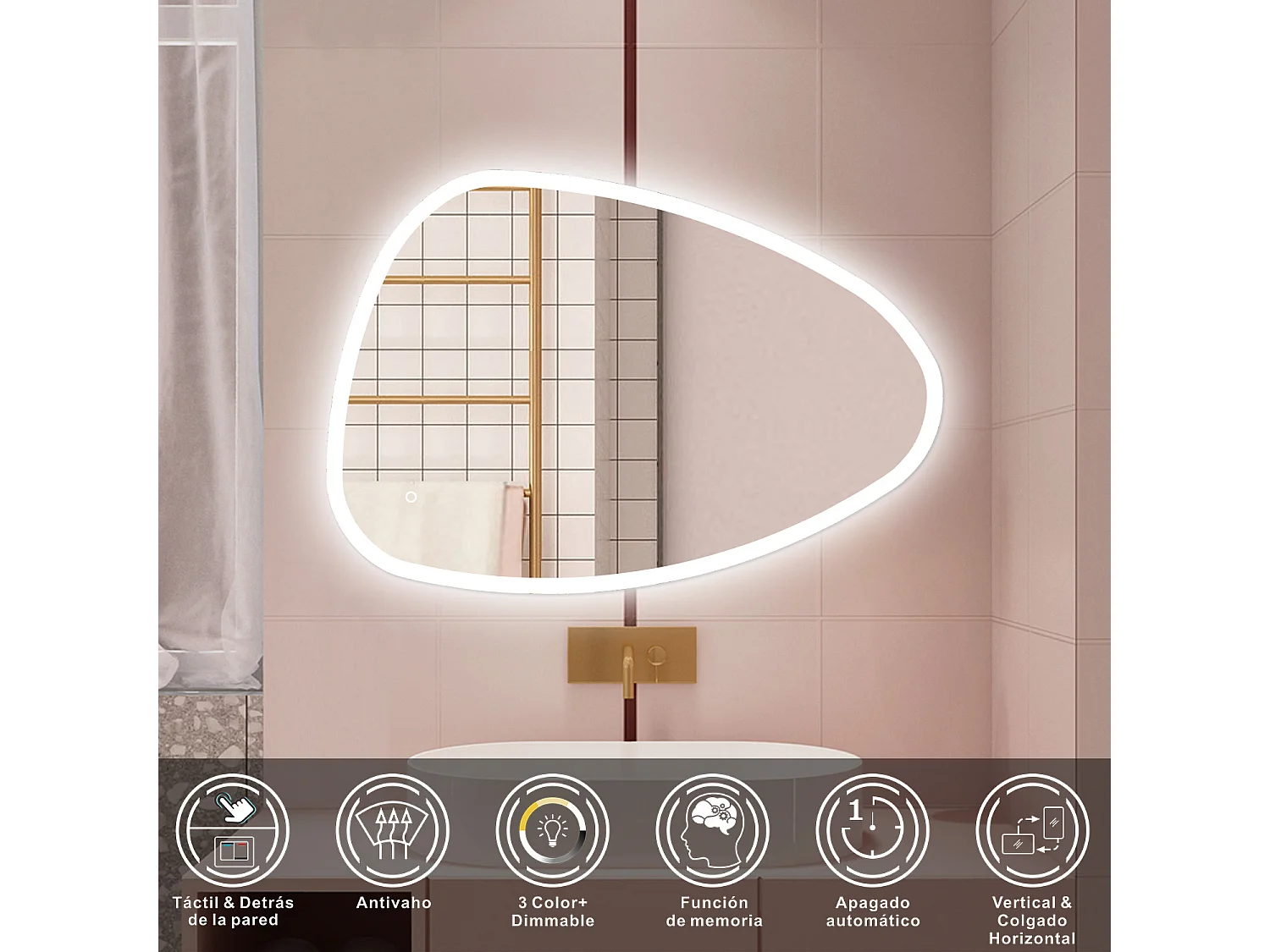 AICA ESPEJO ESPEJO de BAÑO 80 x 65 cm Luz de 3 Colores+ Antivaho+ Brillo Ajustable+ Memoria de Agapada