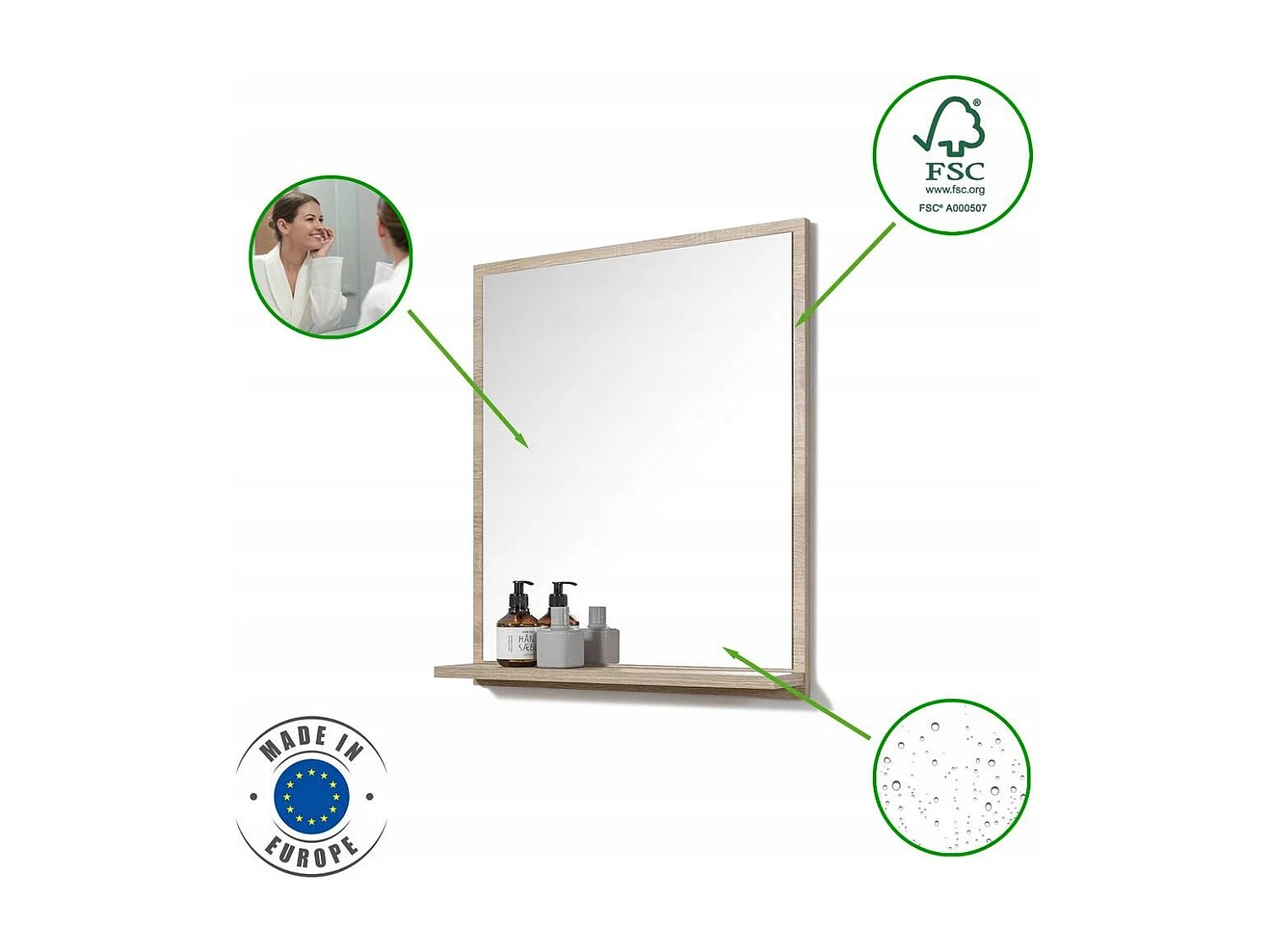 Miroir de salle de bain LED 70x60 cm avec étagères en bois de Sonoma