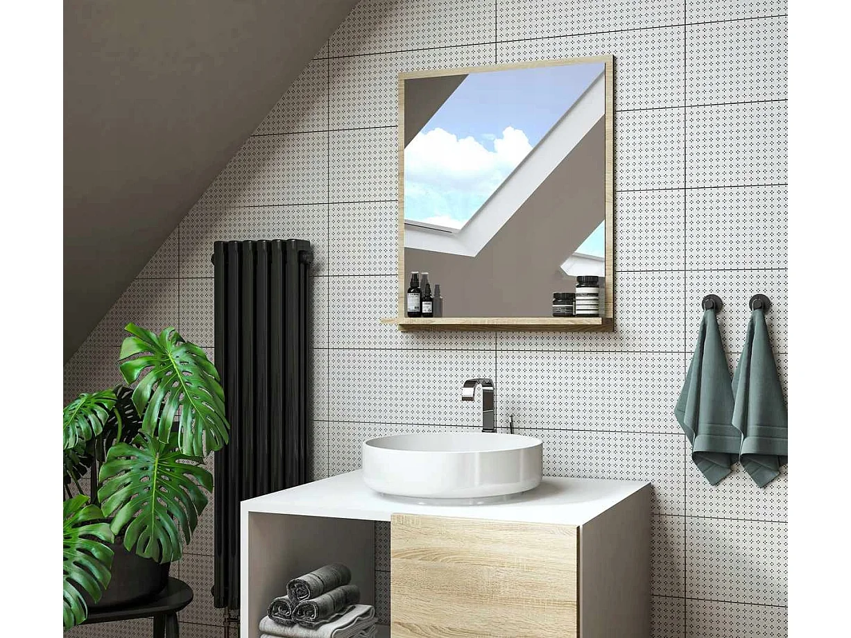 Miroir de salle de bain LED 70x60 cm avec étagères en bois de Sonoma