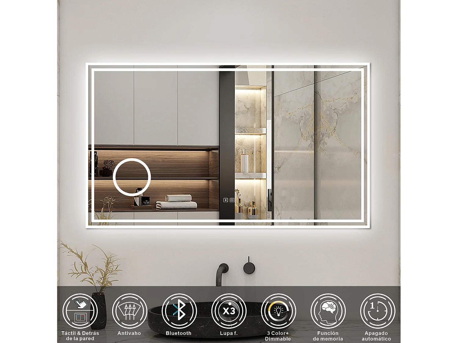 AICA espejo 100 x 60 cm,rectangular,con función antivaho,Bluetooth，lupa 3x,con luz de 3 colores,brillo ajustable,función de memoria agapada